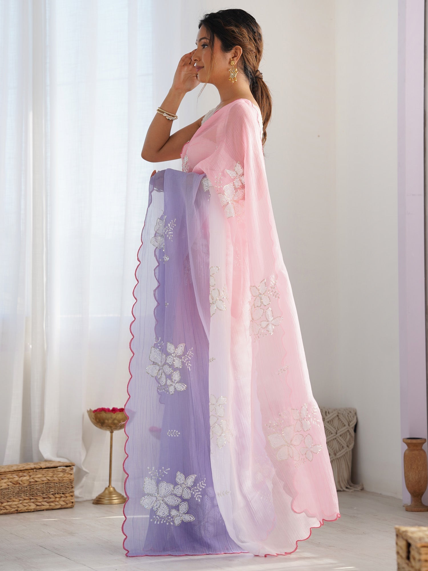Pink Lavender Ombre Chiffon Saree - Ressa