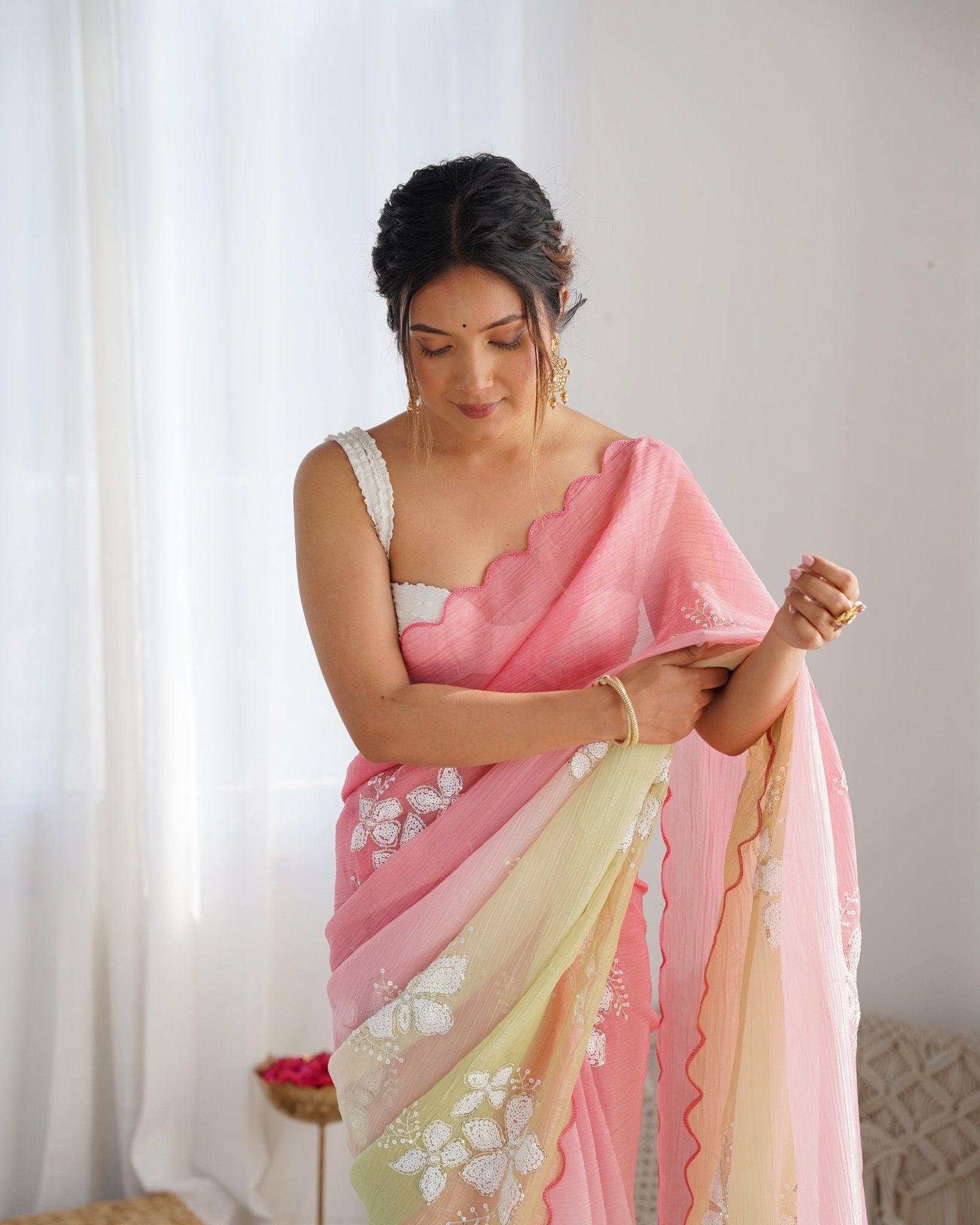 Pink & Lime Green Ombre Chiffon Saree - Ressa