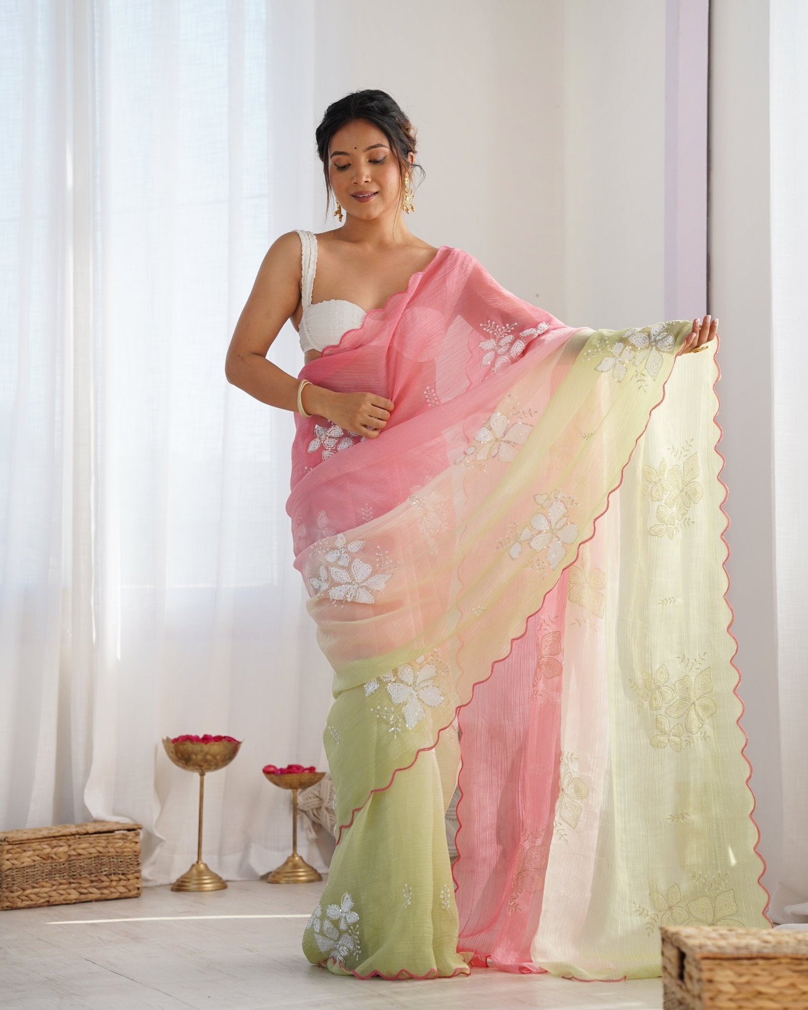 Pink & Lime Green Ombre Chiffon Saree - Ressa
