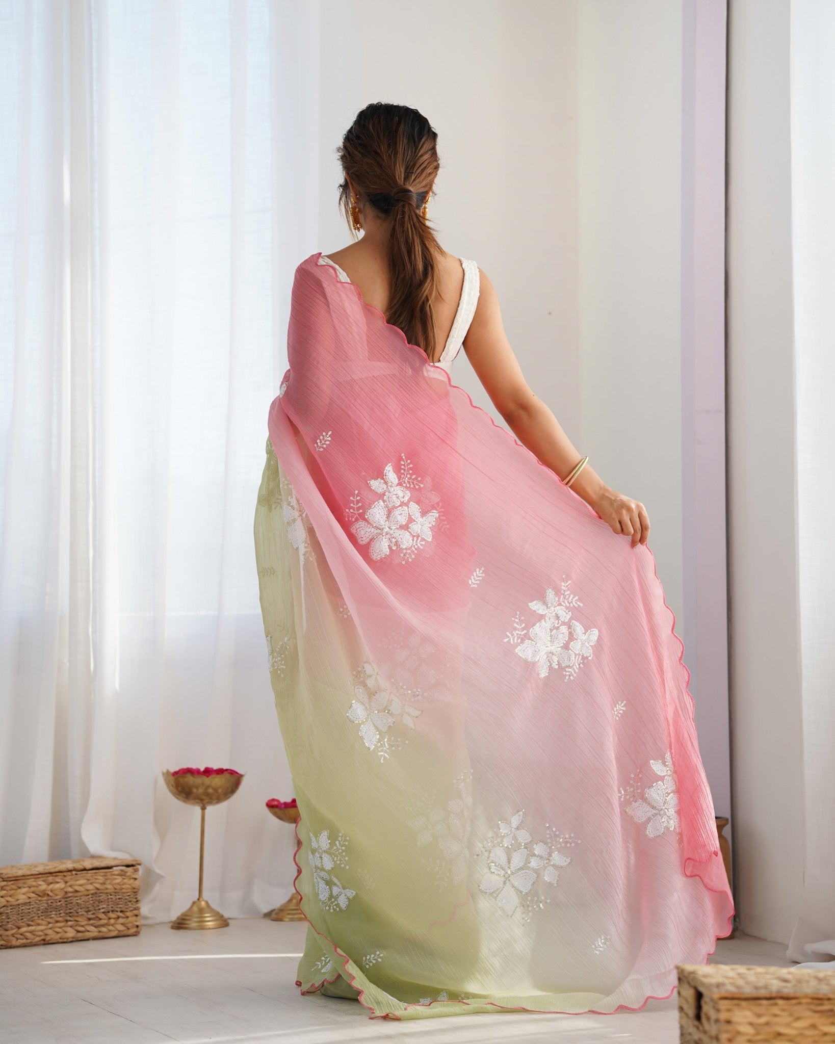 Pink & Lime Green Ombre Chiffon Saree - Ressa