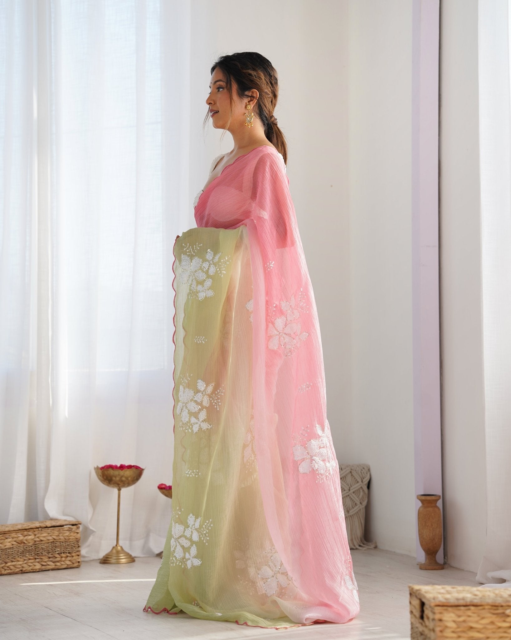 Pink & Lime Green Ombre Chiffon Saree - Ressa