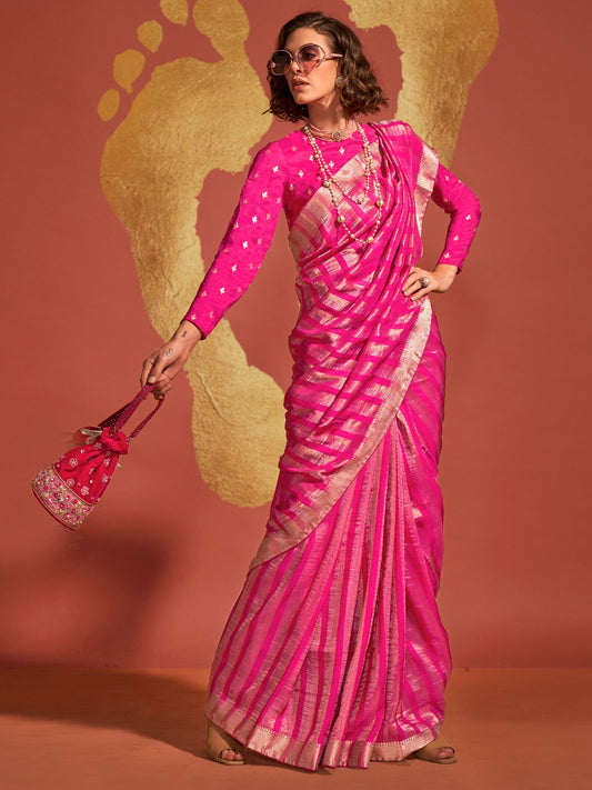 Pink & Magenta Silk Blend Heritage Banarasi Style Saree - Ressa