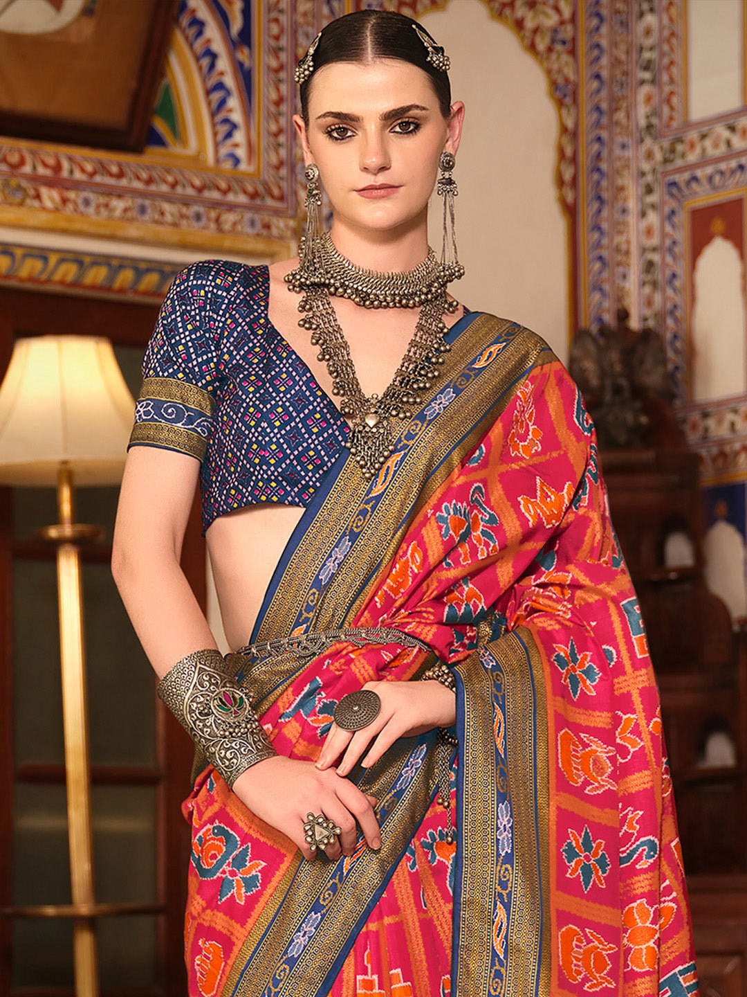 Pink Navy Blue Silk Blend Patola Inspired Weaving Zari Border Blouse Saree - Ressa