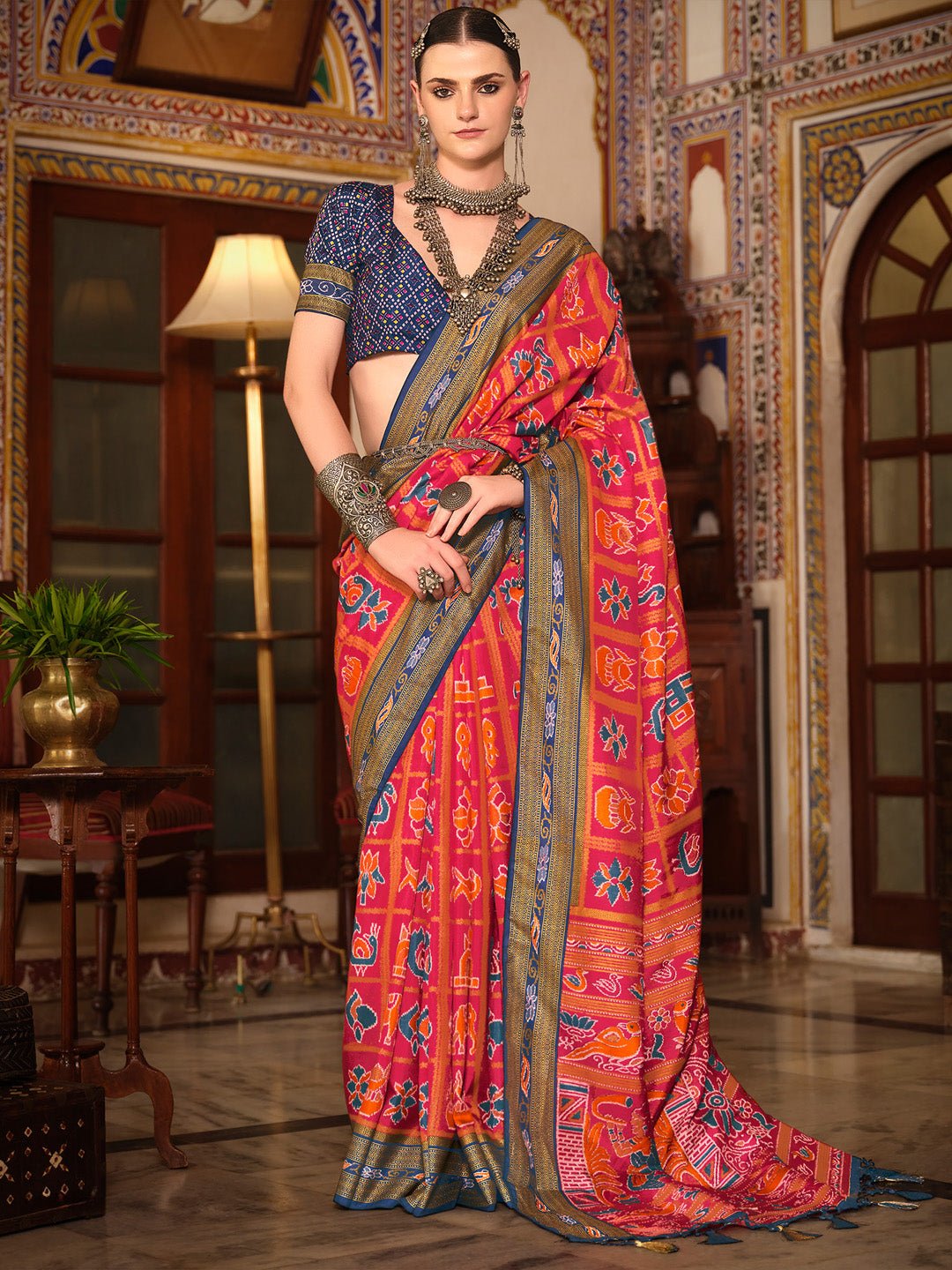 Pink Navy Blue Silk Blend Patola Inspired Weaving Zari Border Blouse Saree - Ressa