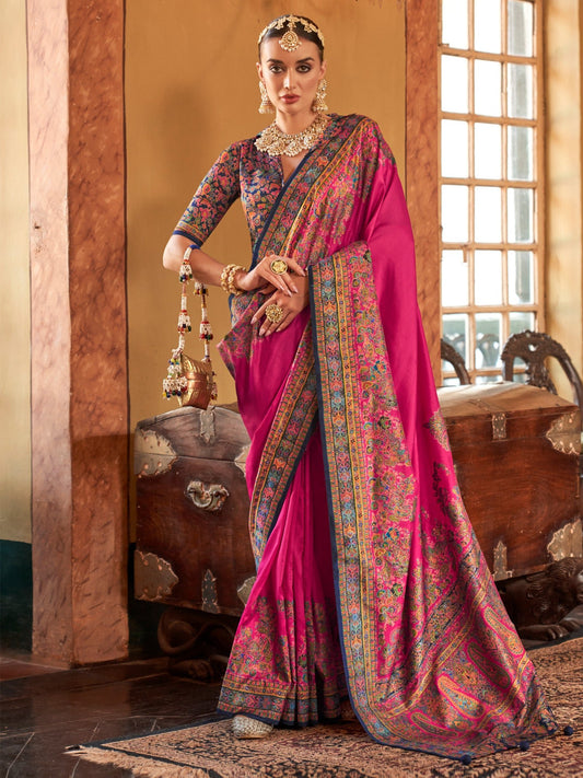 Pink & Navy Blue Silk Saree - Ressa
