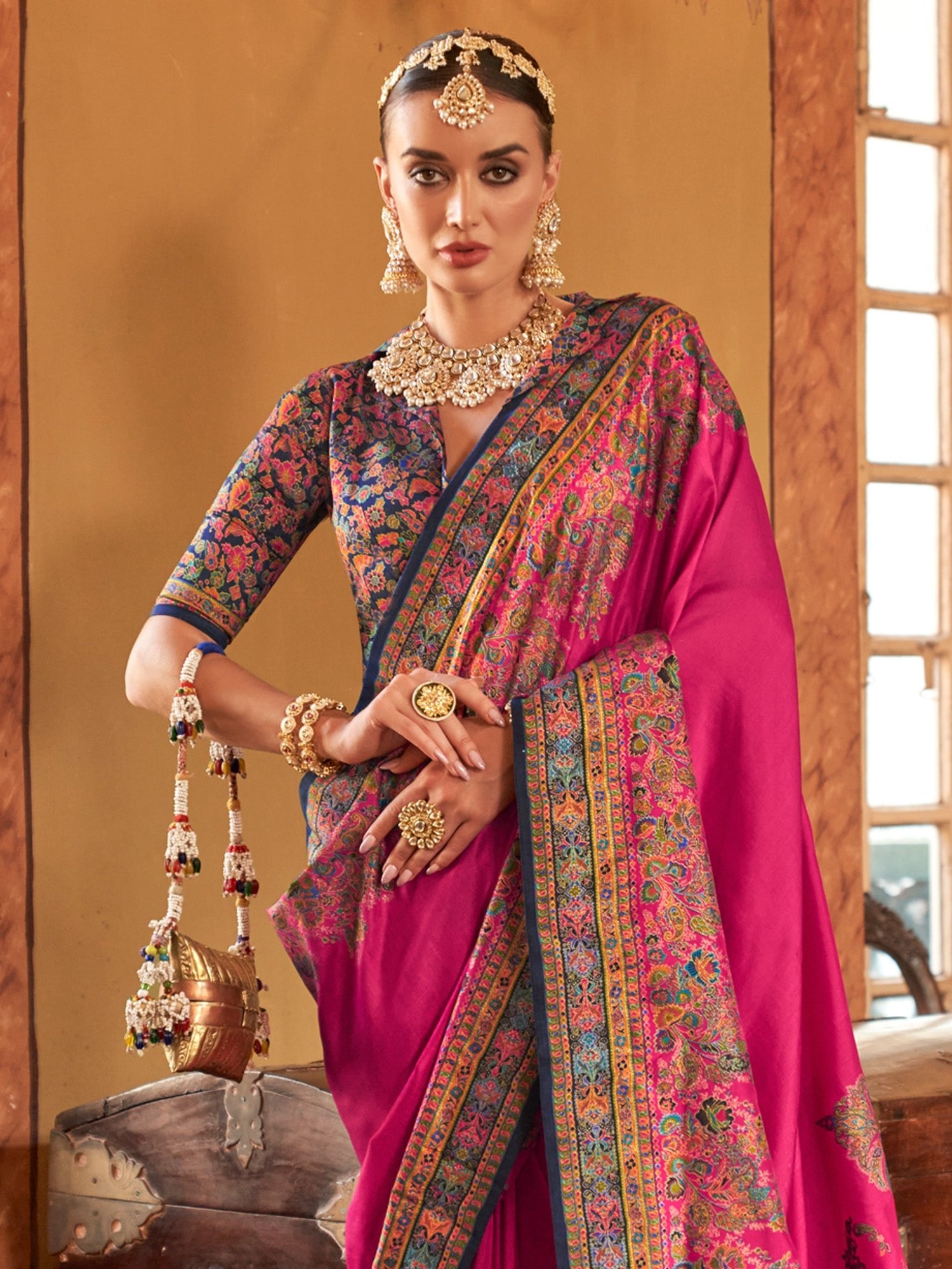Pink & Navy Blue Silk Saree - Ressa