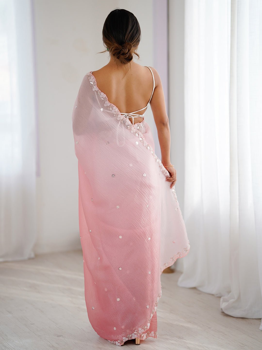 Pink Ombre Chiffon Embroidered Border Saree - Ressa
