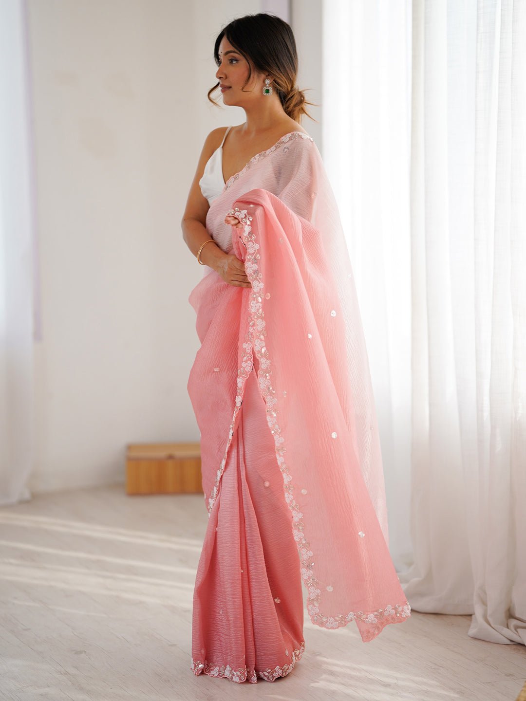 Pink Ombre Chiffon Embroidered Border Saree - Ressa