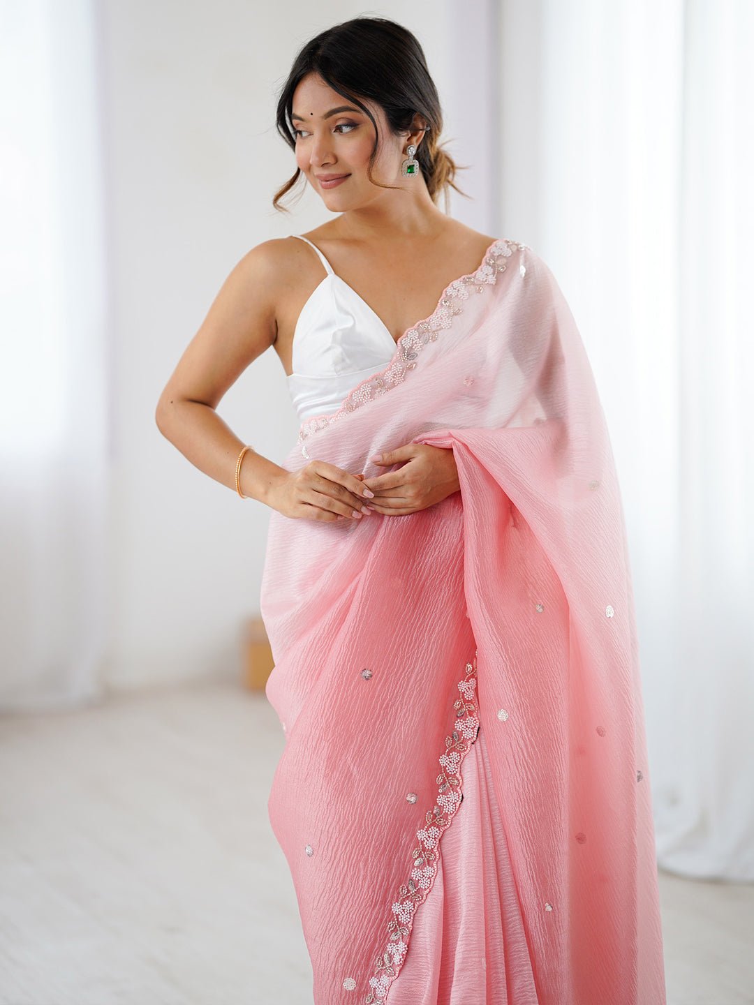 Pink Ombre Chiffon Embroidered Border Saree - Ressa