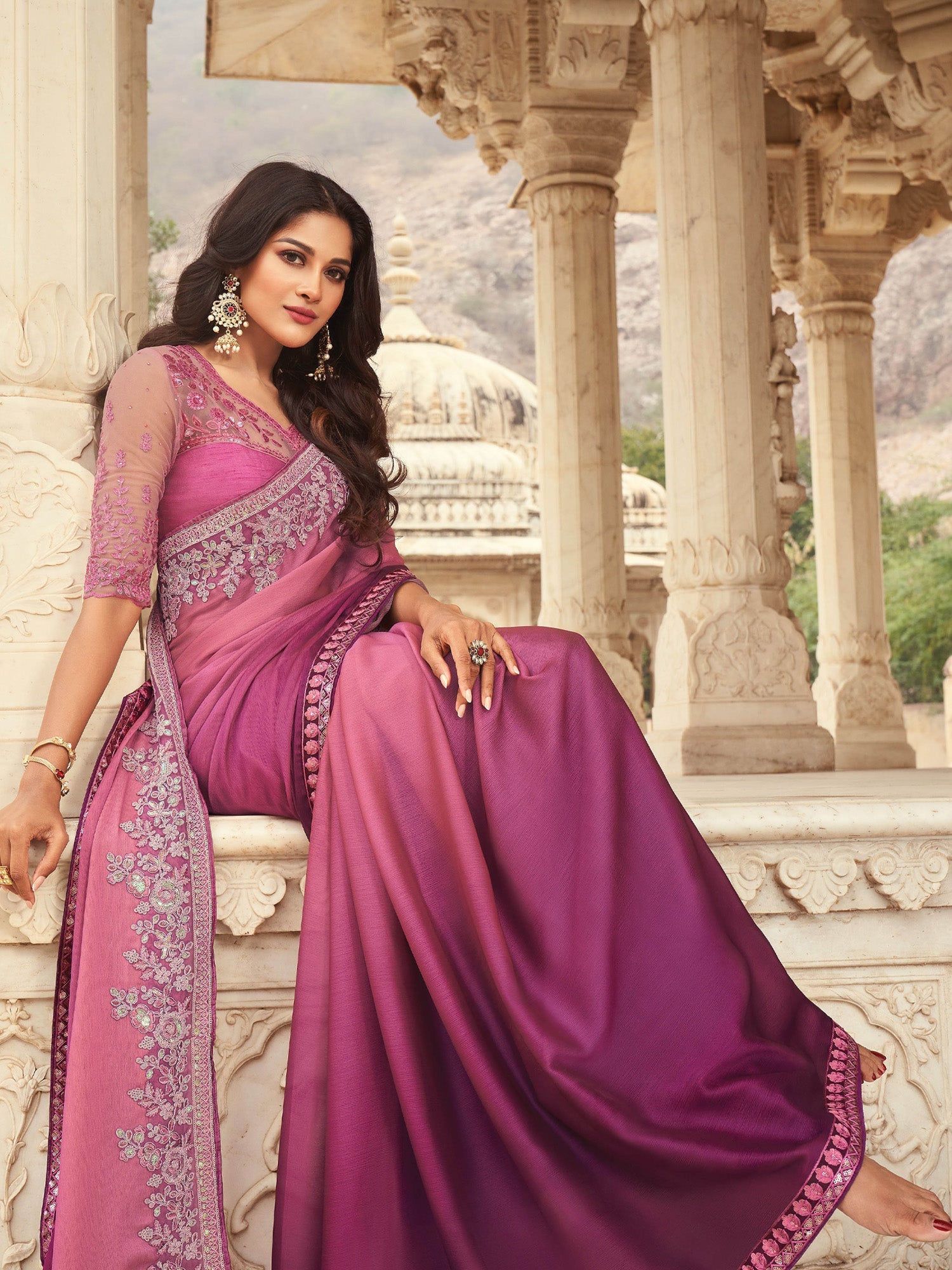 Pink Ombre Embellished Saree - Ressa