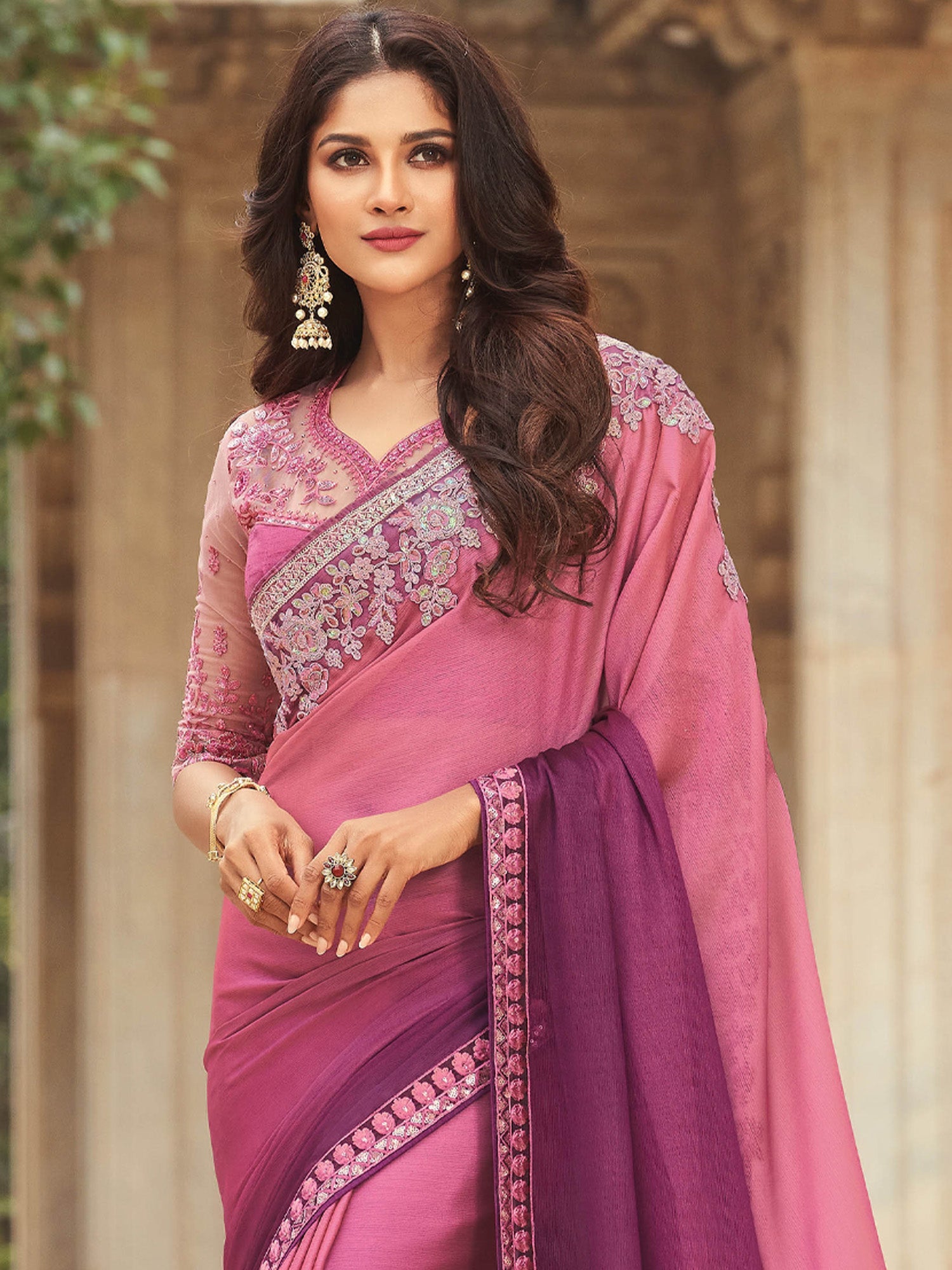 Pink Ombre Embellished Saree - Ressa