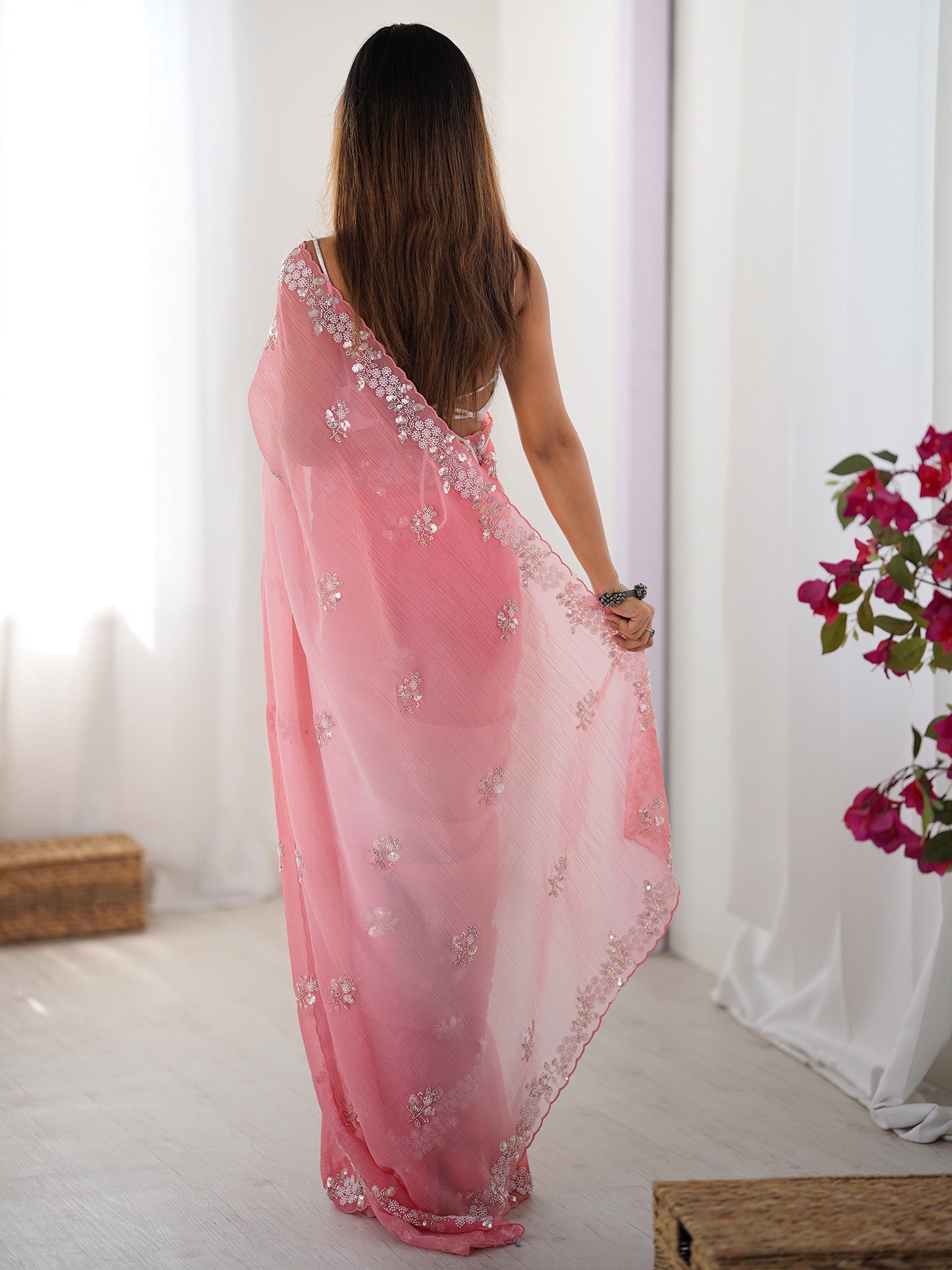Pink Ombre Embroidery Saree - Ressa