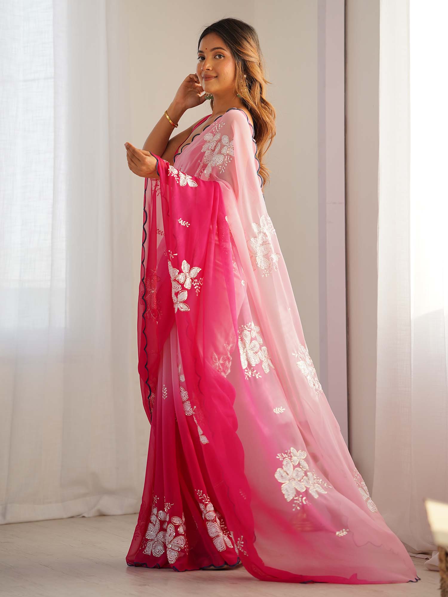 Pink Ombre Georgette Saree with Sequin Floral Embroidery - Ressa