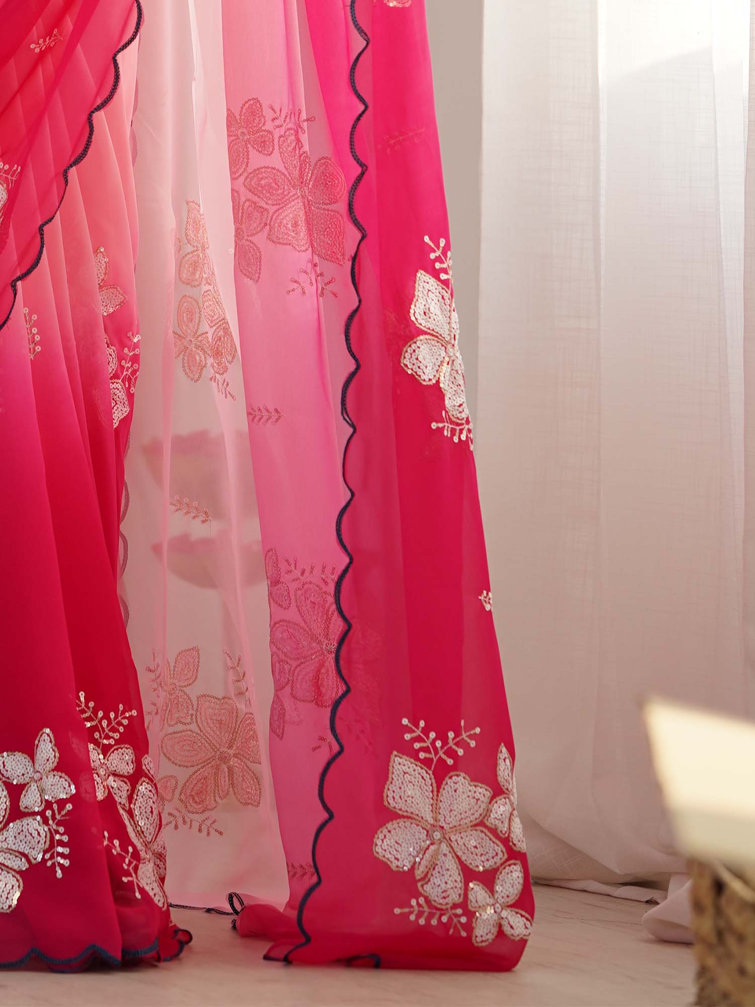 Pink Ombre Georgette Saree with Sequin Floral Embroidery - Ressa