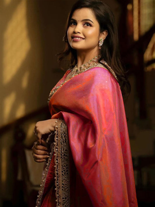 Pink-Orange Dual Tone Silk Saree with Mirror Work Border - Ressa