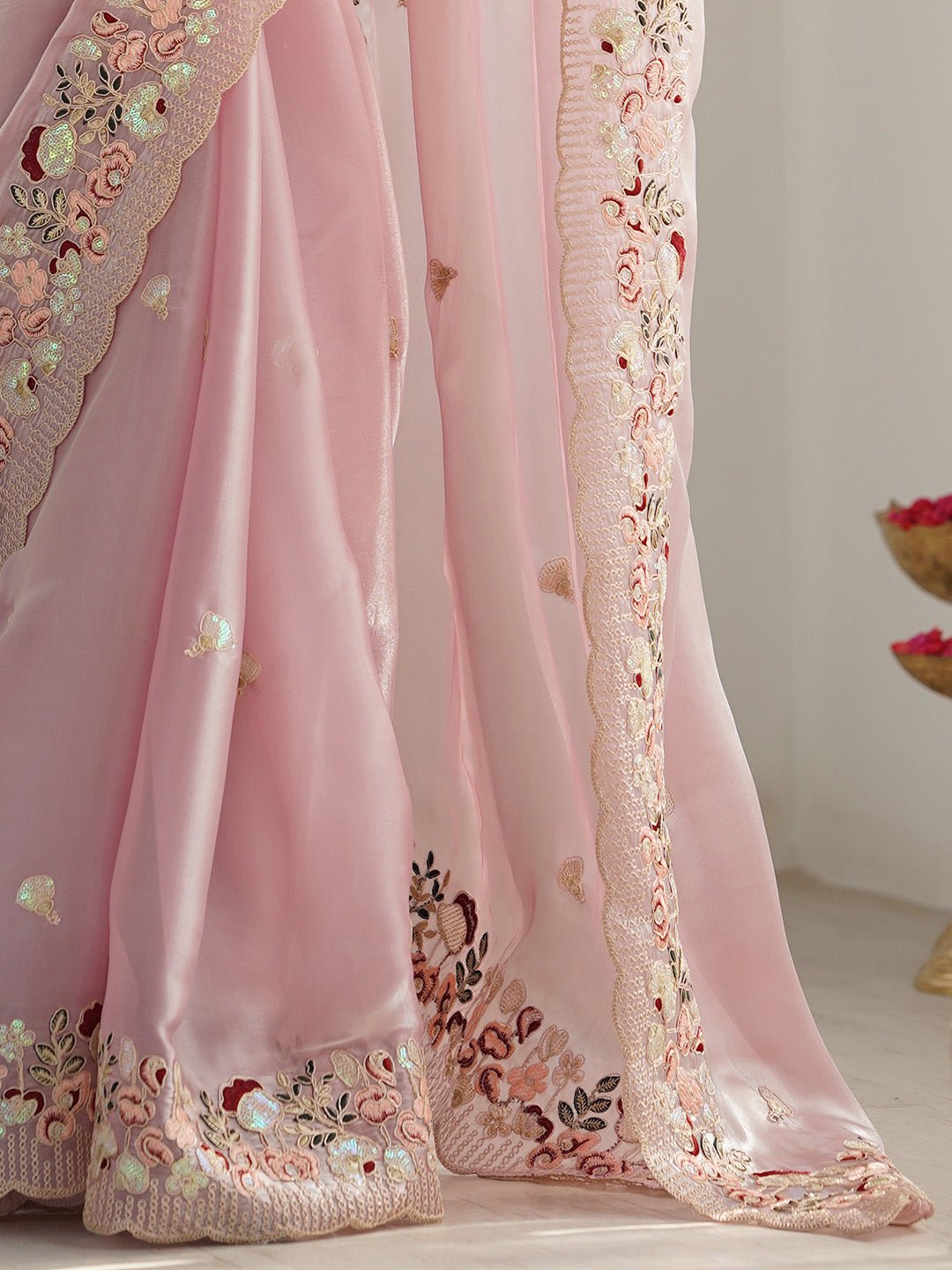 Pink Organza Emblished Party Wear Saree - Ressa