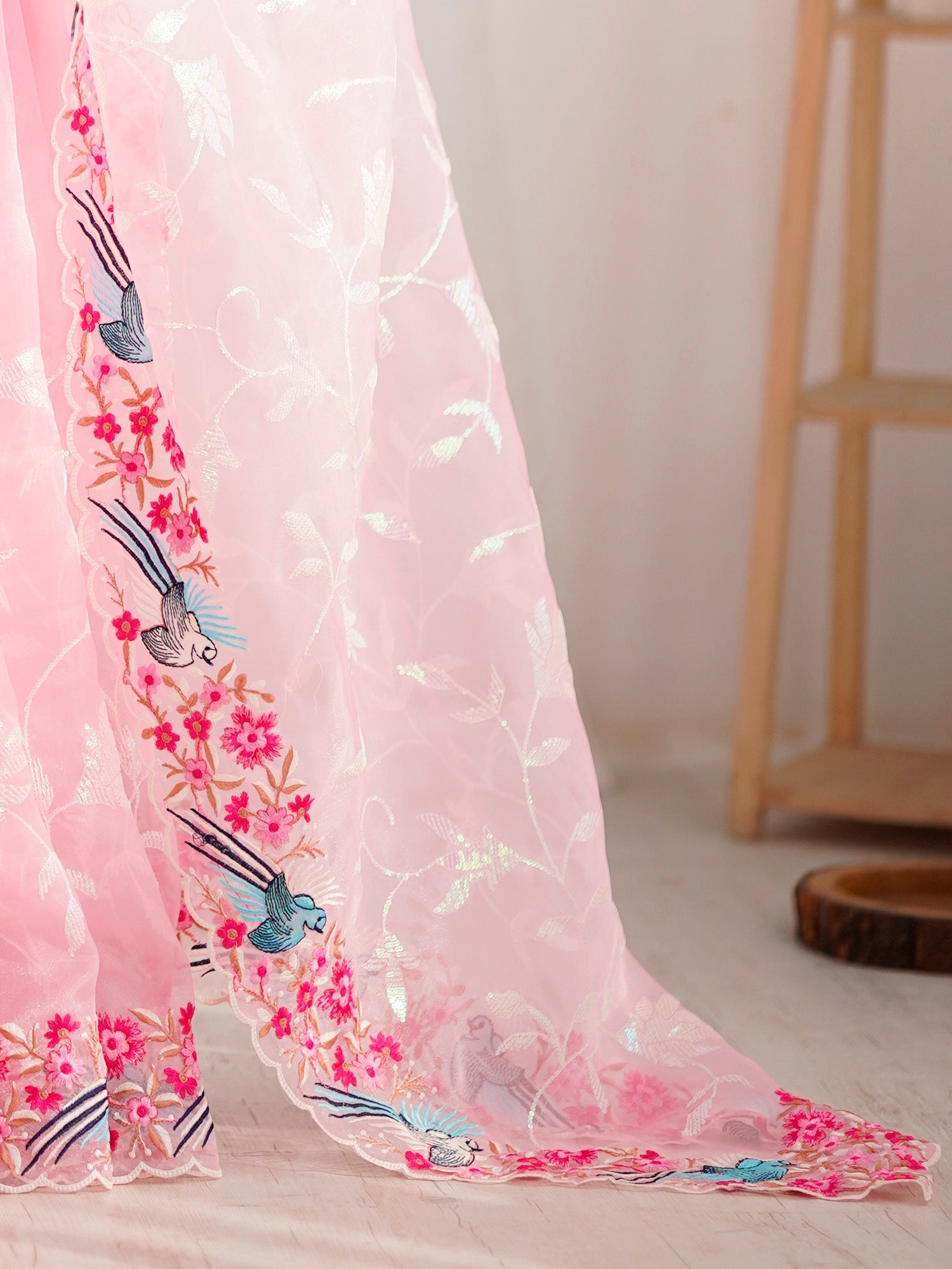 Pink Organza Embroidered Bird & Floral Saree - Ressa