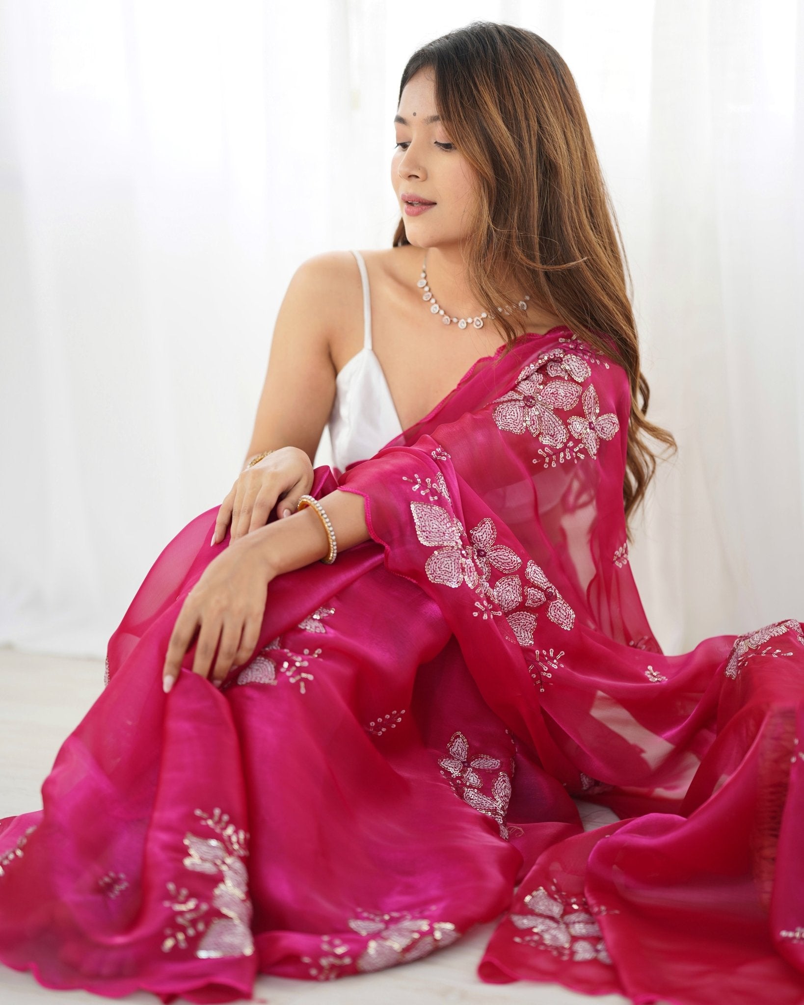 Pink Organza Embroidered Saree - Ressa