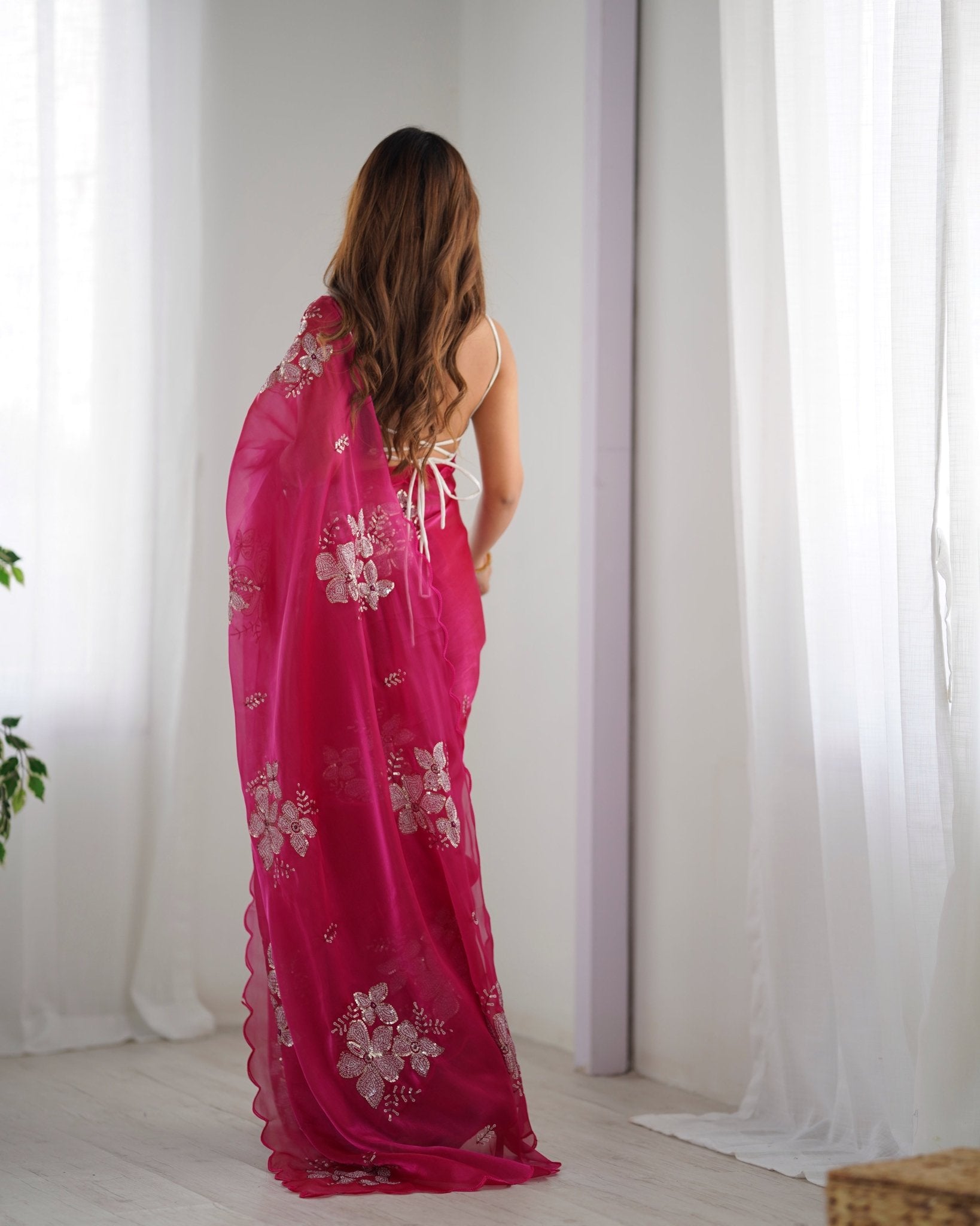 Pink Organza Embroidered Saree - Ressa