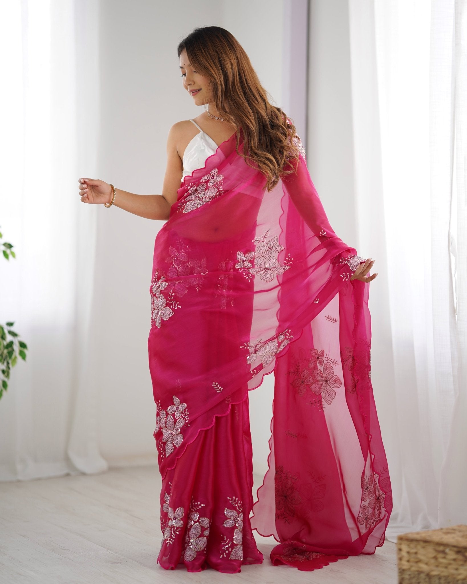 Pink Organza Embroidered Saree - Ressa