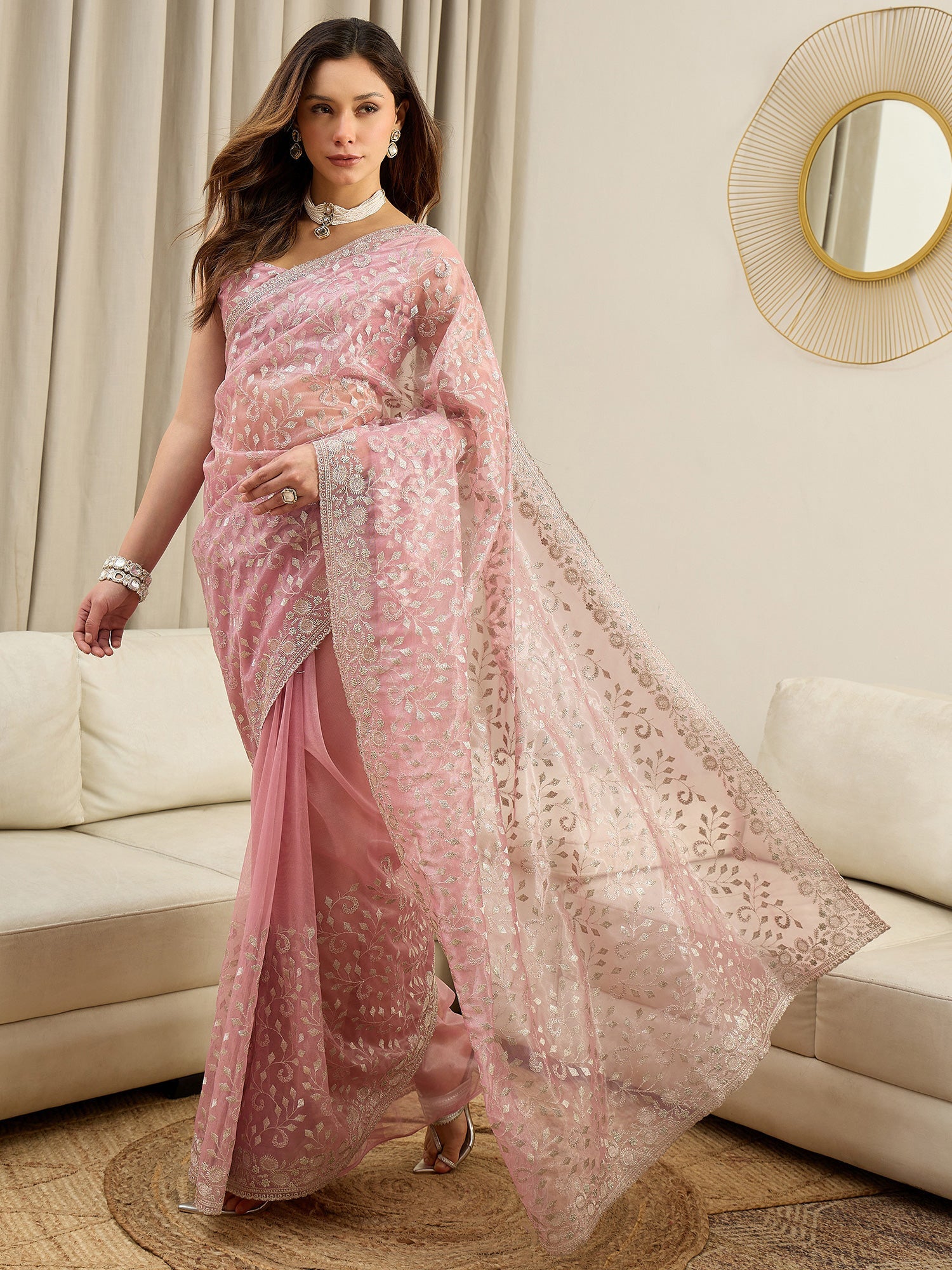 Pink Organza Embroidered Saree with Blouse - Ressa