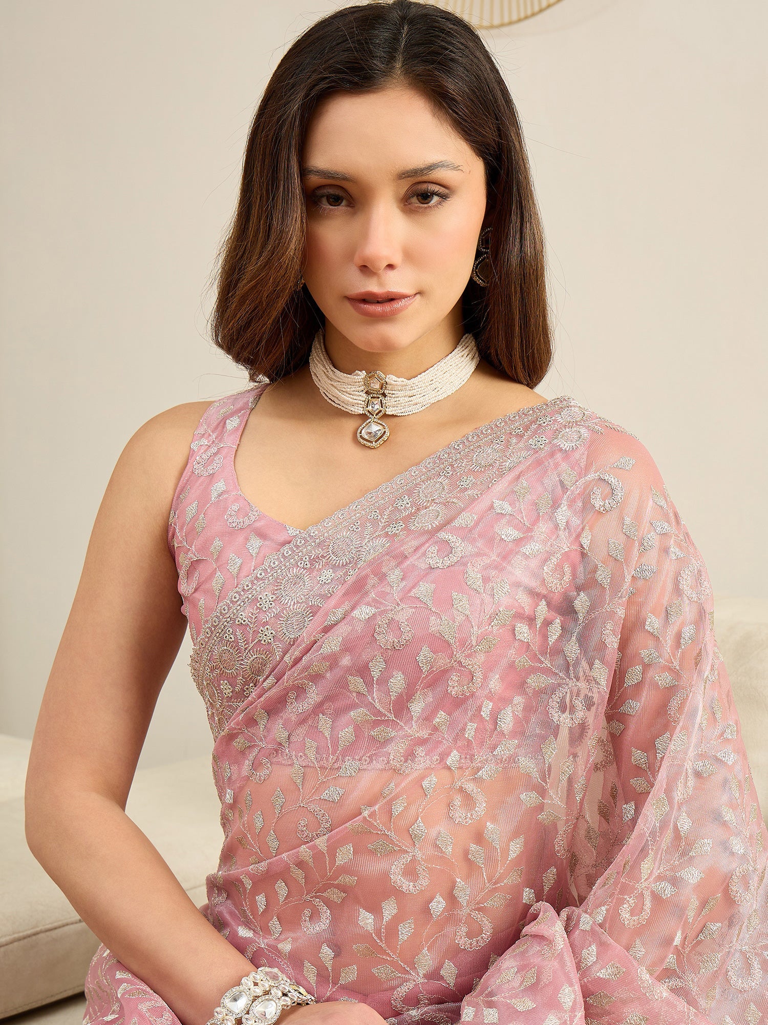 Pink Organza Embroidered Saree with Blouse - Ressa