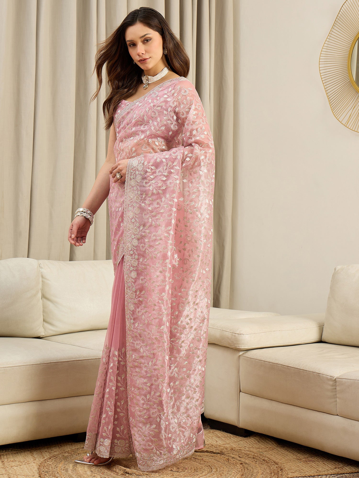 Pink Organza Embroidered Saree with Blouse - Ressa