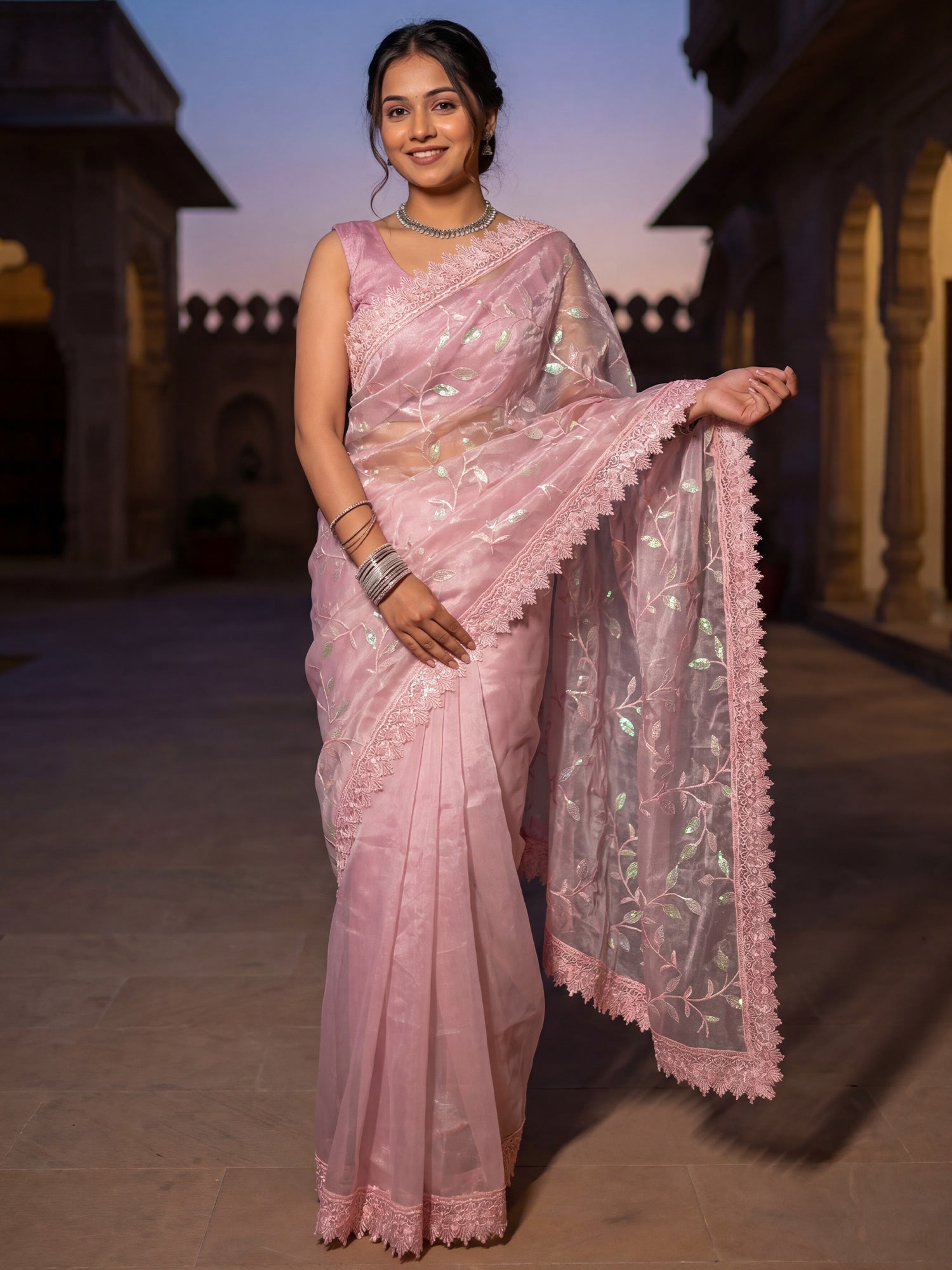 Pink Organza Embroidered Saree with Lace Border - Ressa
