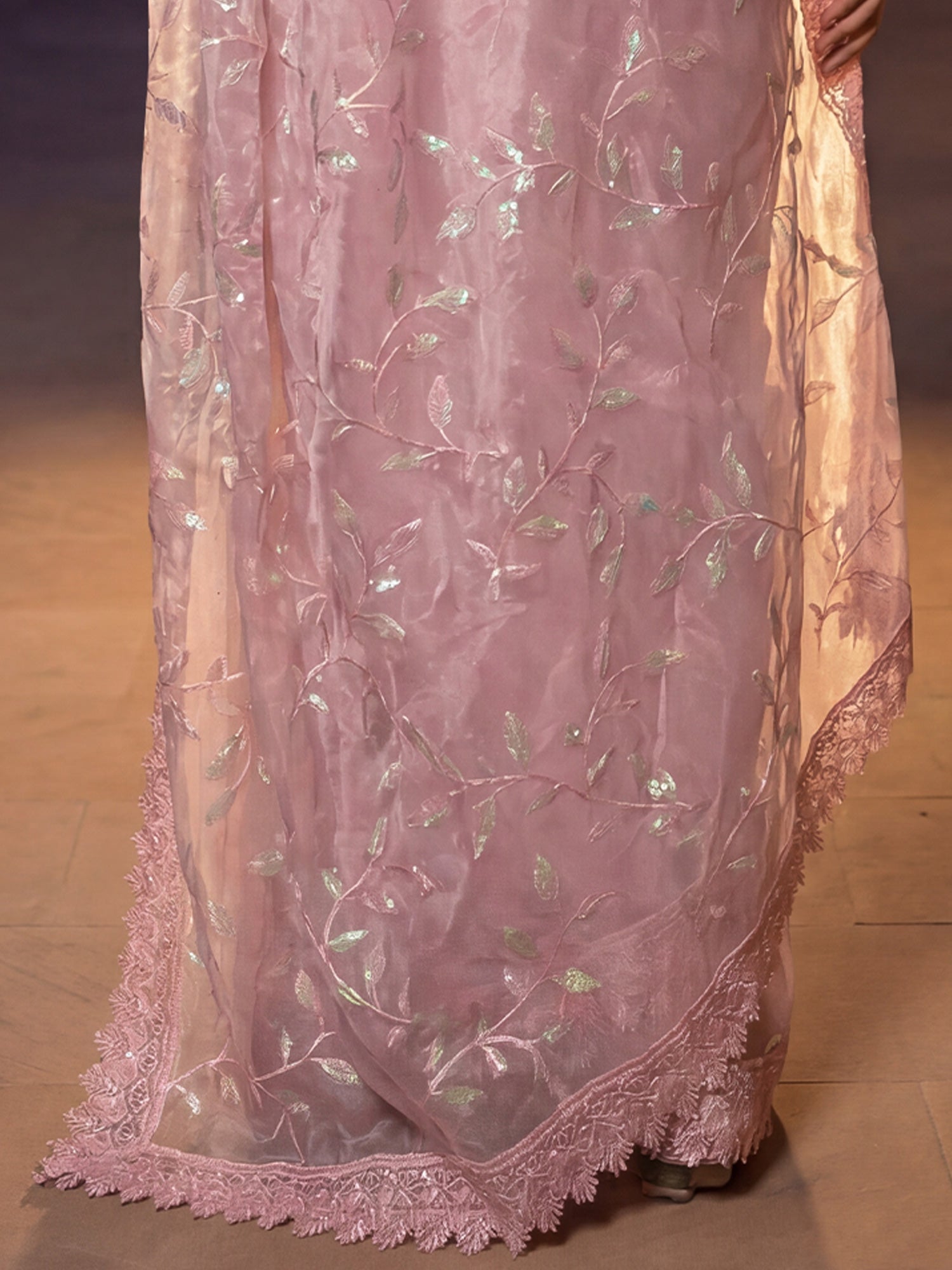 Pink Organza Embroidered Saree with Lace Border - Ressa
