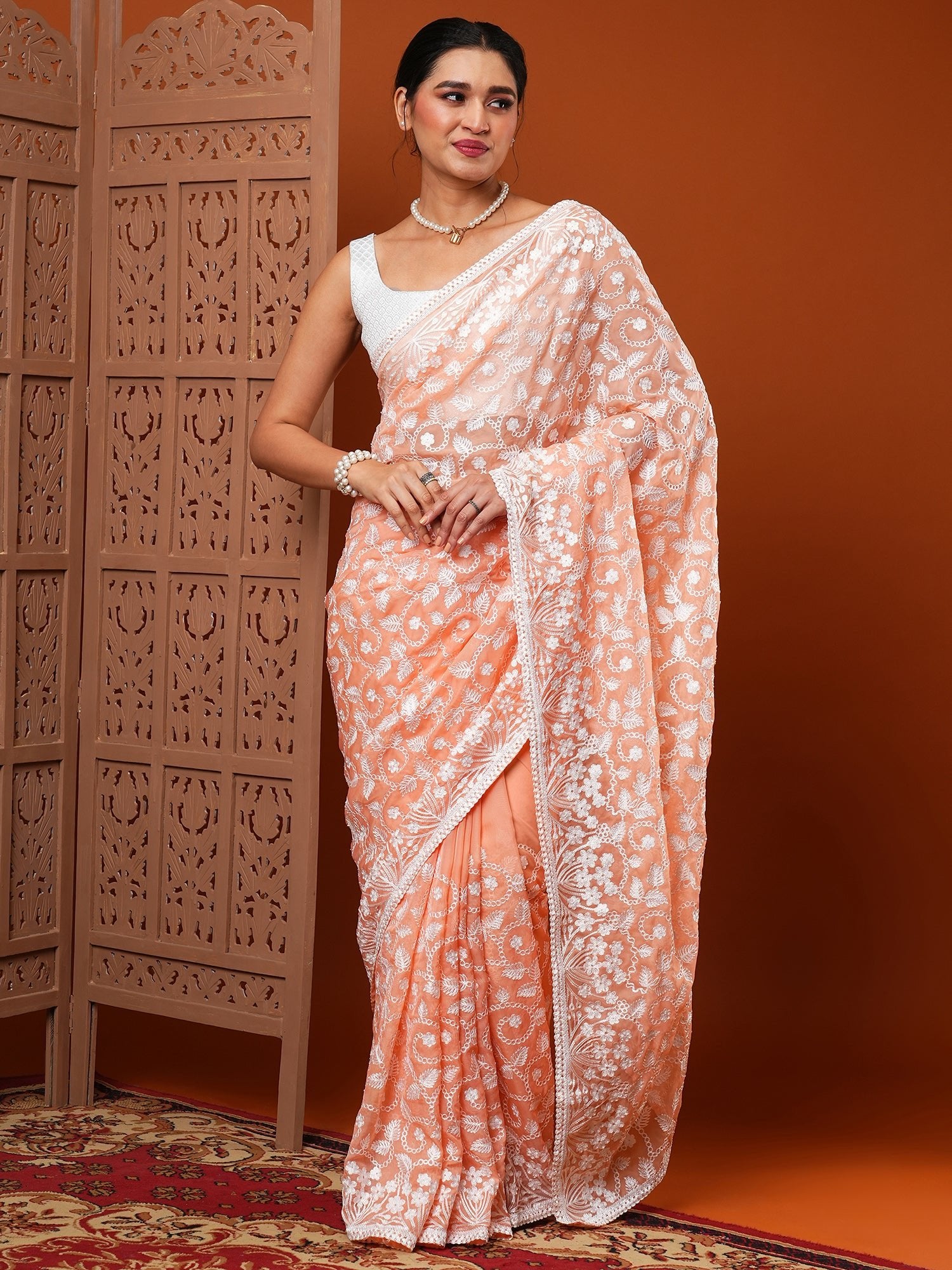 Pink Organza Saree with Rose Embroidery Border - Ressa