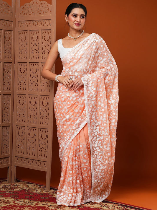 Pink Organza Saree with Rose Embroidery Border - Ressa