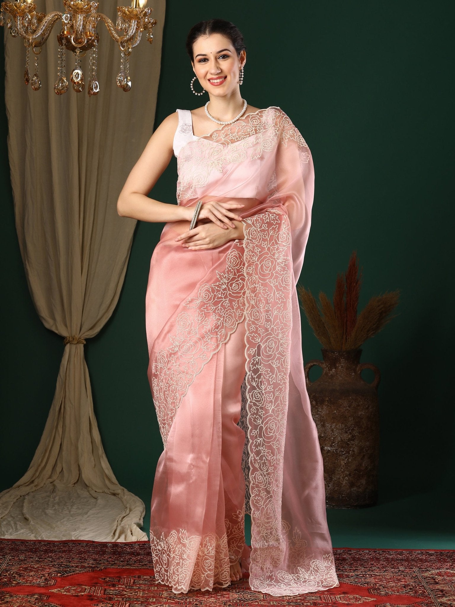 Pink Organza Saree with Rose Embroidery Border - Ressa