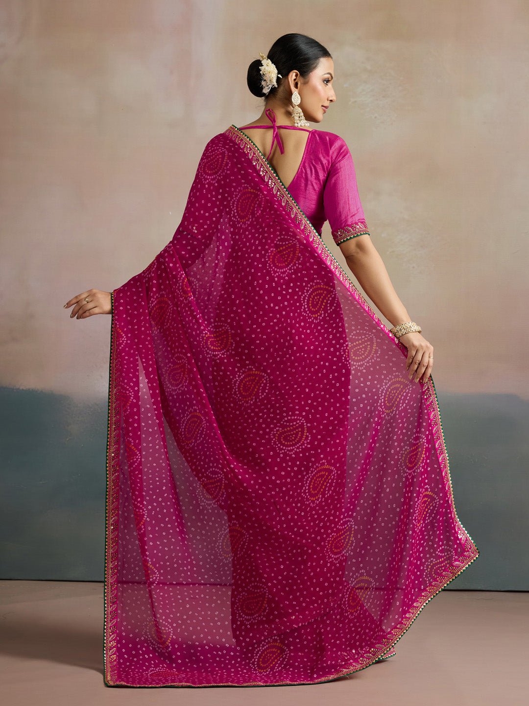 Pink Paisley Motif Bandhani Georgette Saree - Ressa