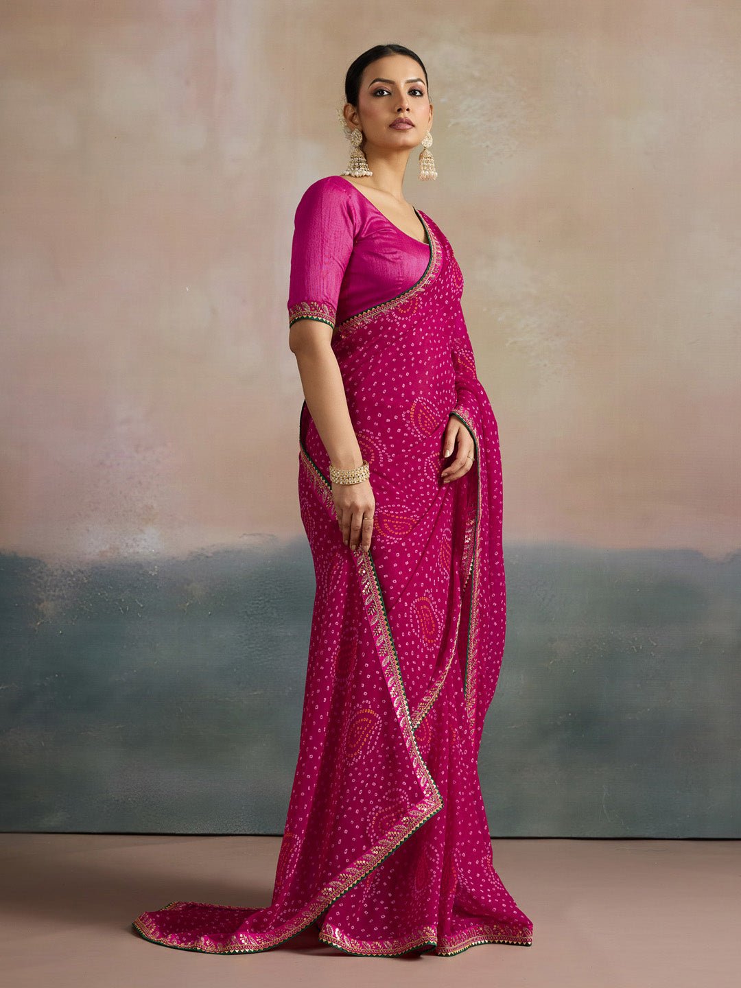 Pink Paisley Motif Bandhani Georgette Saree - Ressa