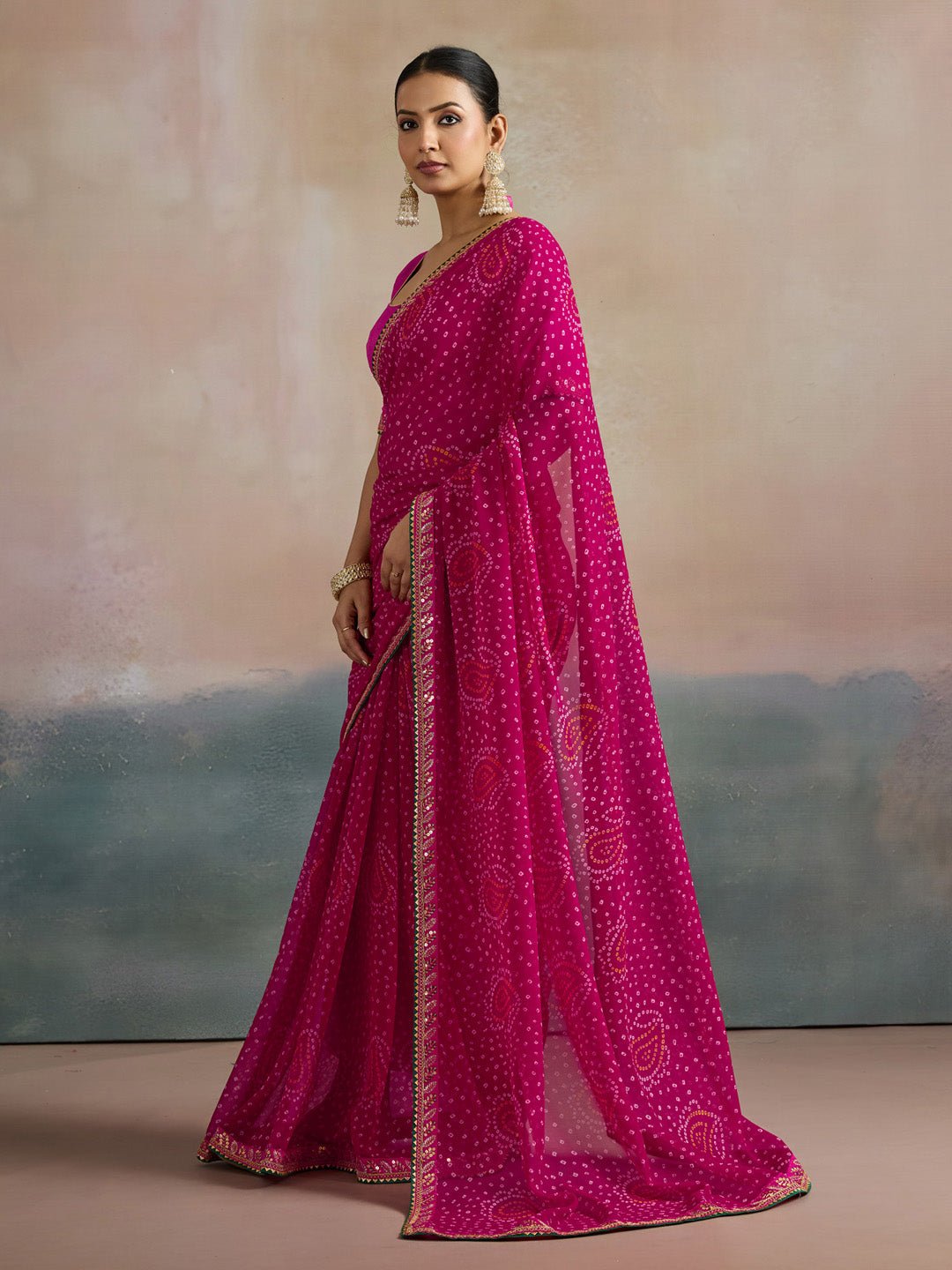Pink Paisley Motif Bandhani Georgette Saree - Ressa