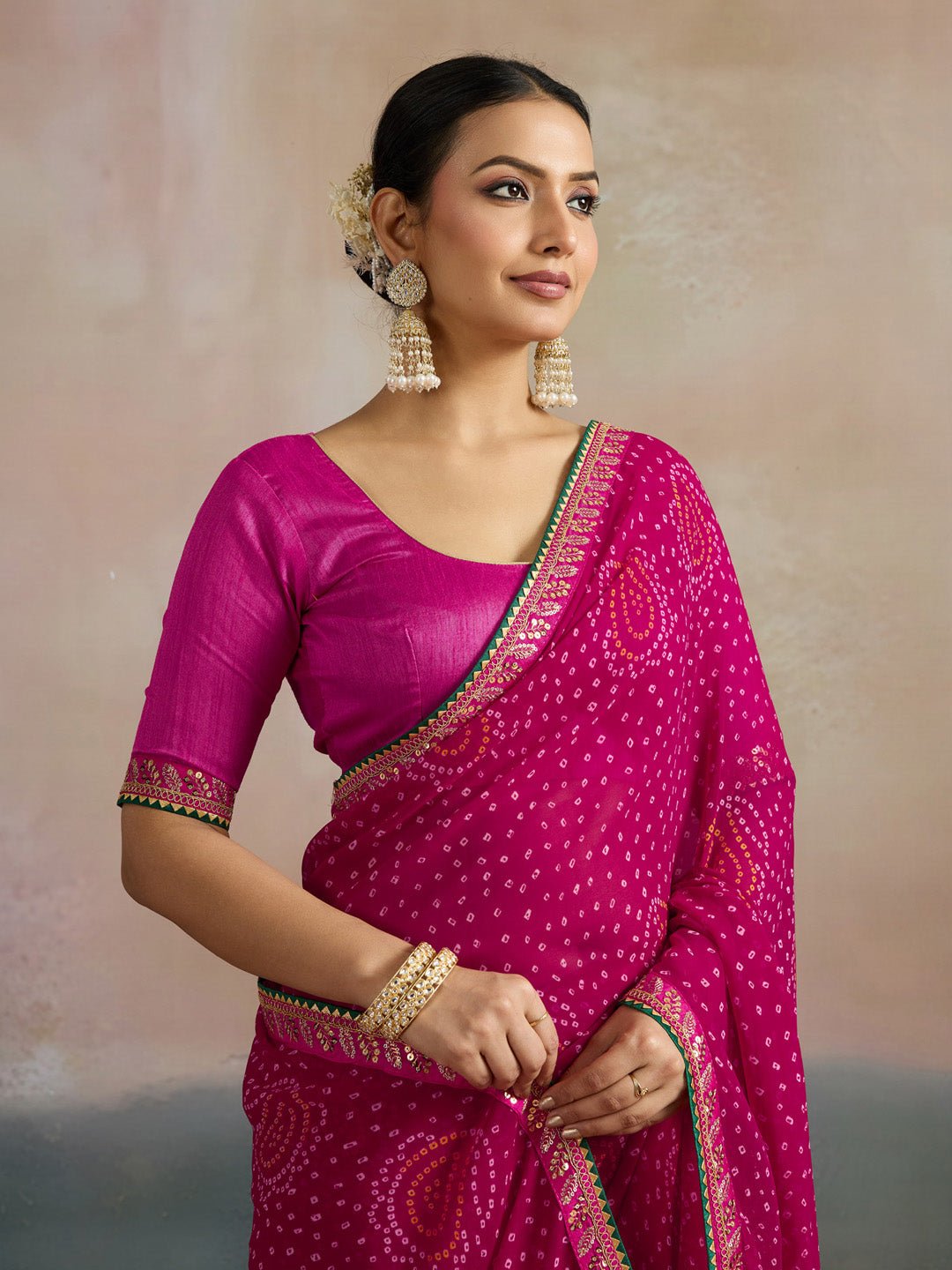 Pink Paisley Motif Bandhani Georgette Saree - Ressa