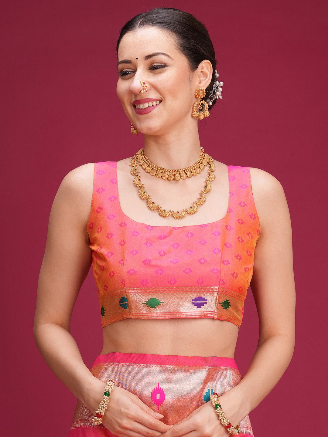 Pink Paithani Silk Saree with Meenakari Buti & Floral Pallu - Ressa