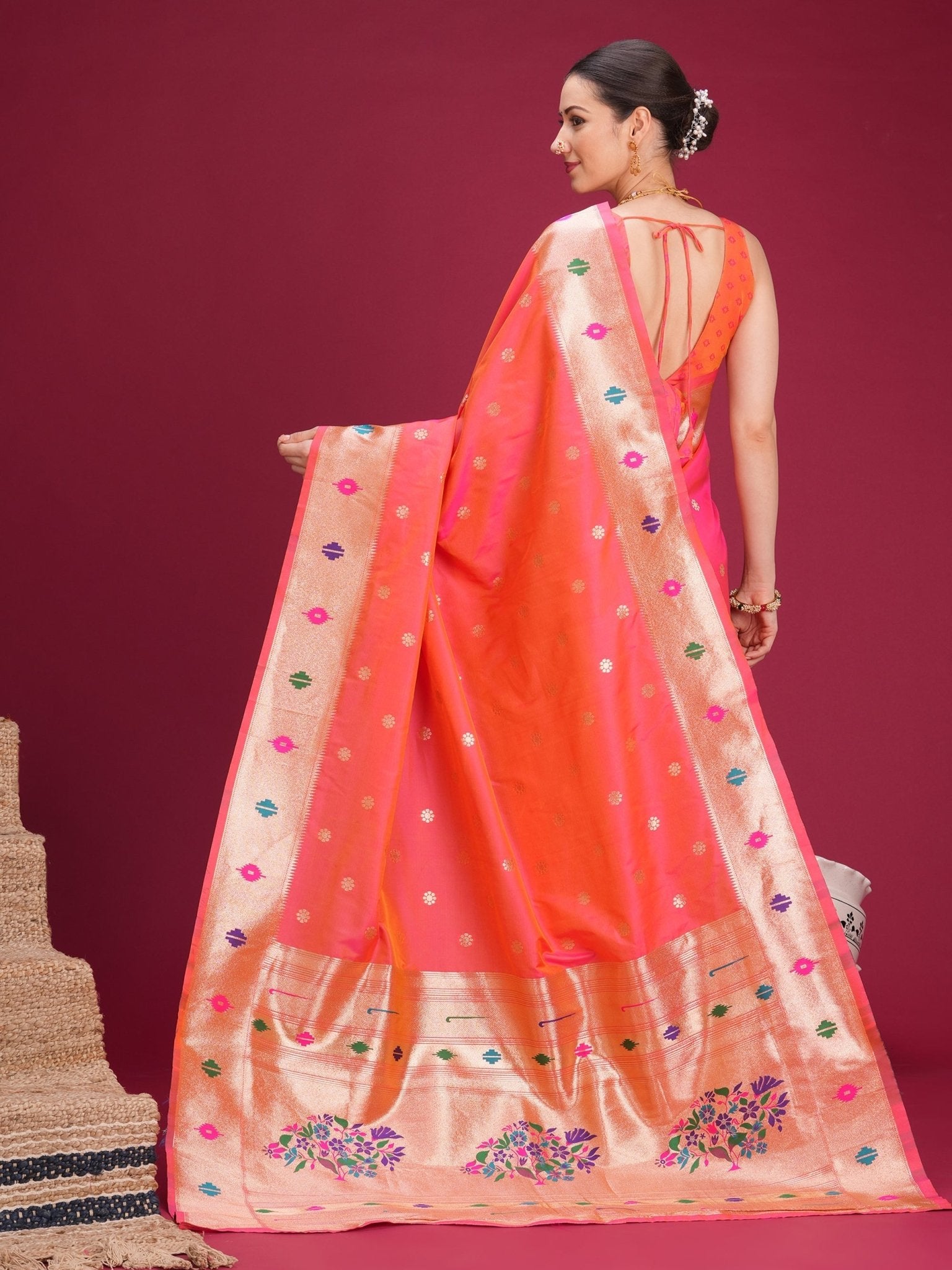 Pink Paithani Silk Saree with Meenakari Buti & Floral Pallu - Ressa