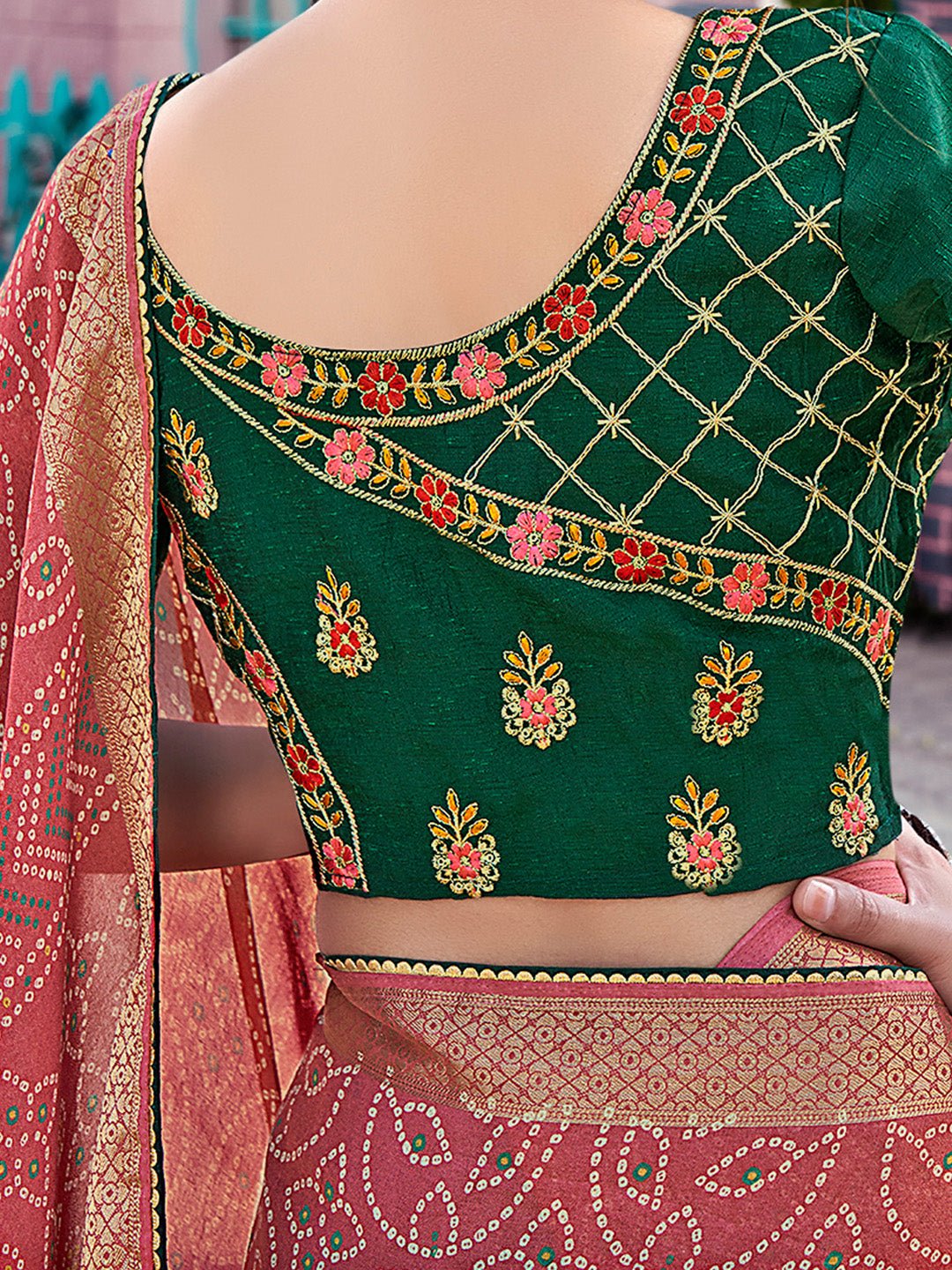 Pink & Red Bandhani Print Georgette Zari Border Embroidered Blouse Saree - Ressa