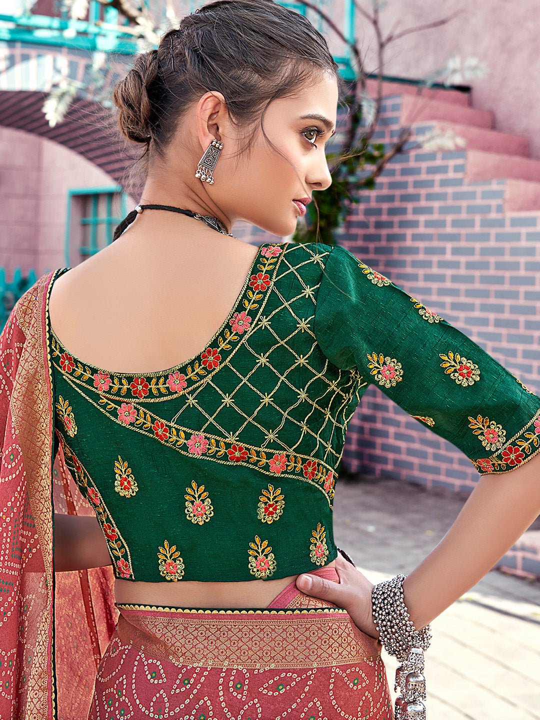 Pink & Red Bandhani Print Georgette Zari Border Embroidered Blouse Saree - Ressa