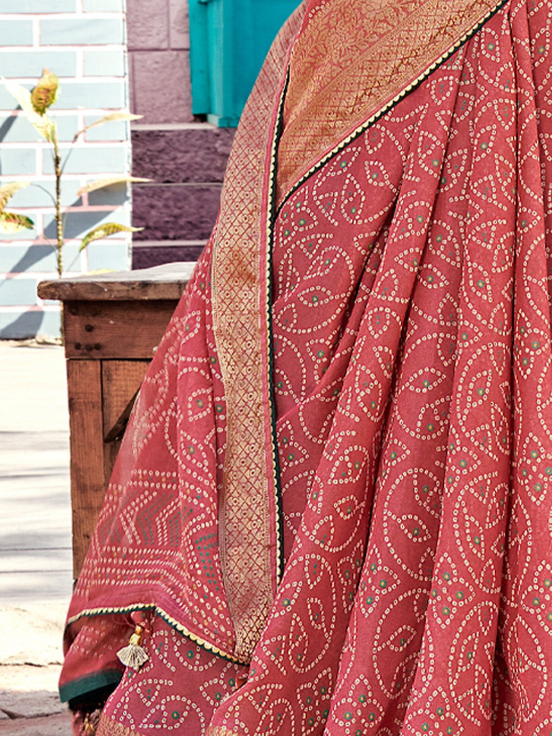 Pink & Red Bandhani Print Georgette Zari Border Embroidered Blouse Saree - Ressa