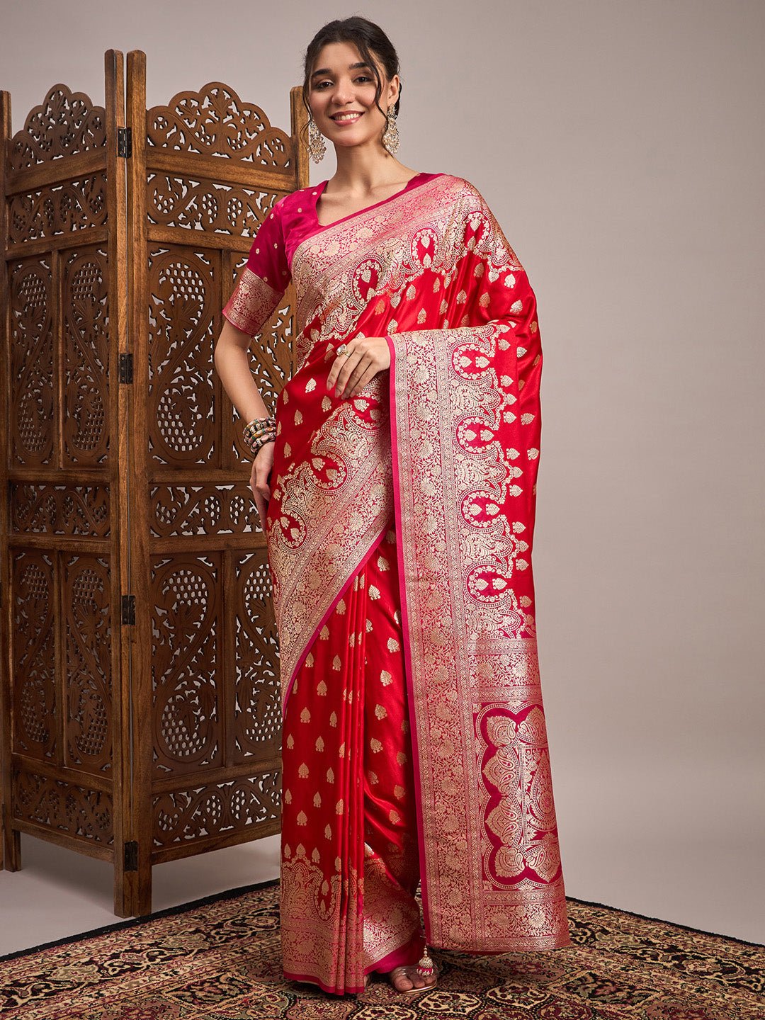 Pink & Red Silk Blend Heritage Banarasi Style Saree - Ressa