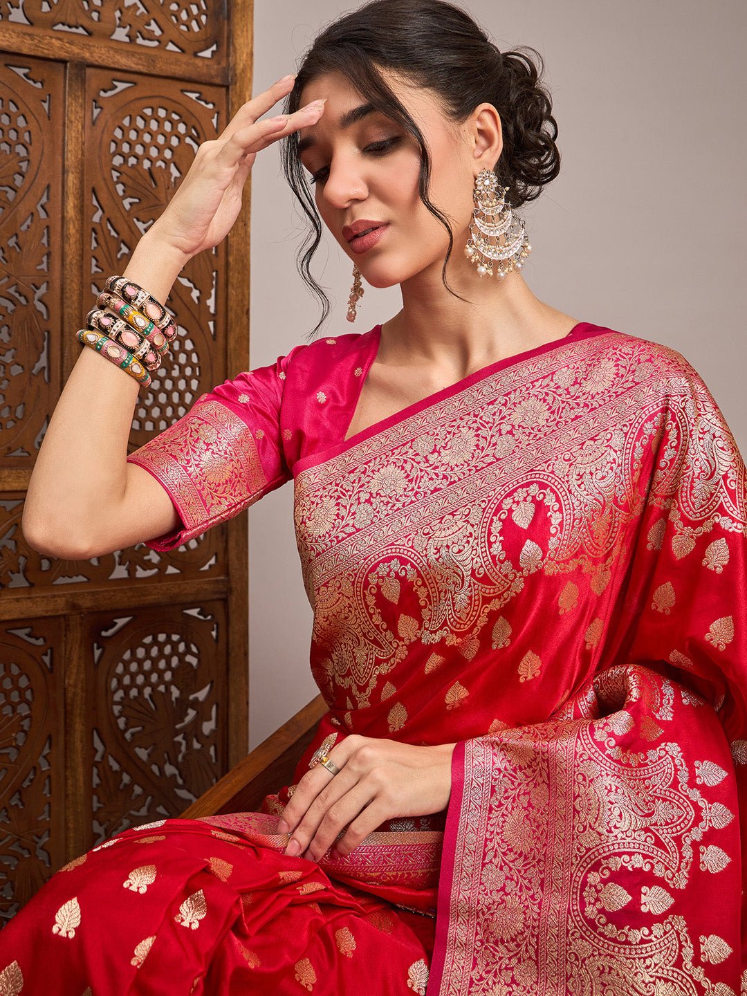 Pink & Red Silk Blend Heritage Banarasi Style Saree - Ressa