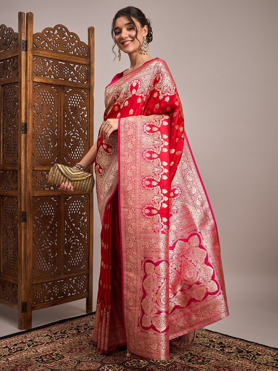 Pink & Red Silk Blend Heritage Banarasi Style Saree - Ressa