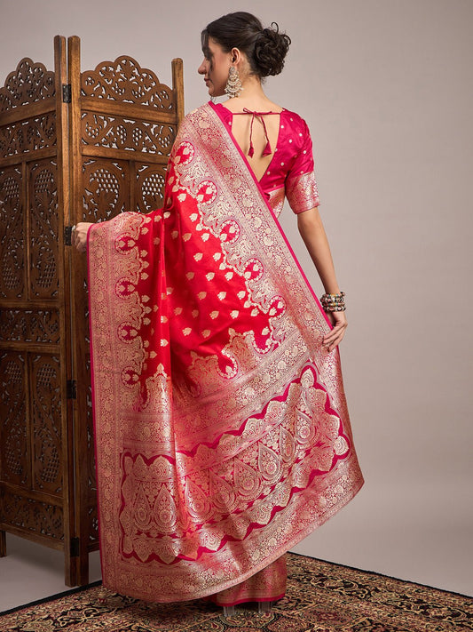 Pink & Red Silk Blend Heritage Banarasi Style Saree - Ressa