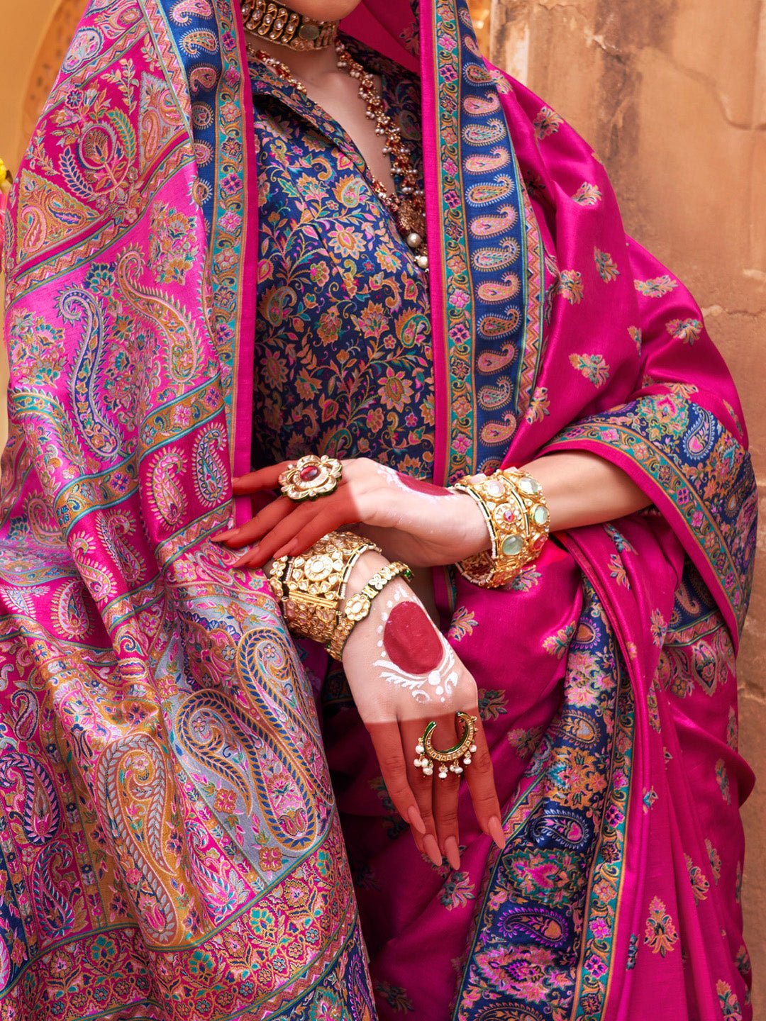 Pink & Royal Blue Silk Blend Heritage Banarasi Style Saree - Ressa