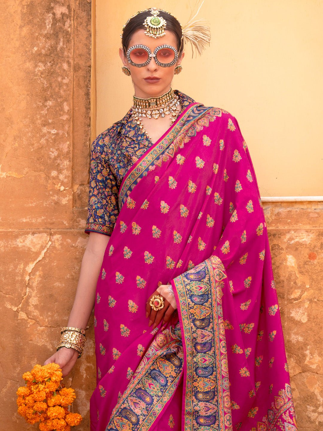Pink & Royal Blue Silk Blend Heritage Banarasi Style Saree - Ressa