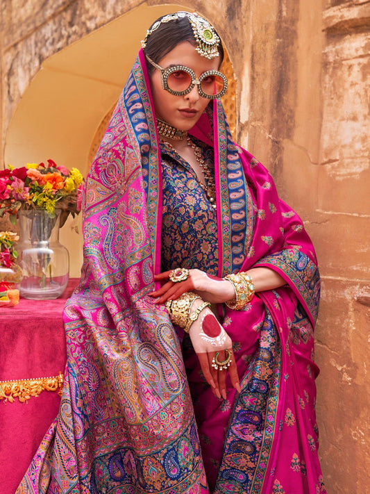 Pink & Royal Blue Silk Blend Heritage Banarasi Style Saree - Ressa