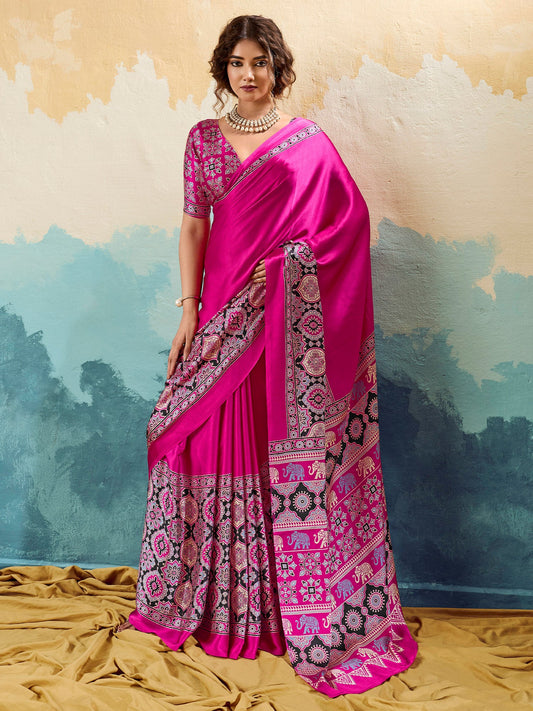 Pink Satin Ajrakh Printed Saree - Ressa