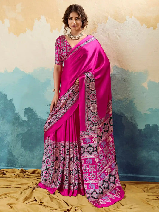 Pink Satin Ajrakh Printed Saree